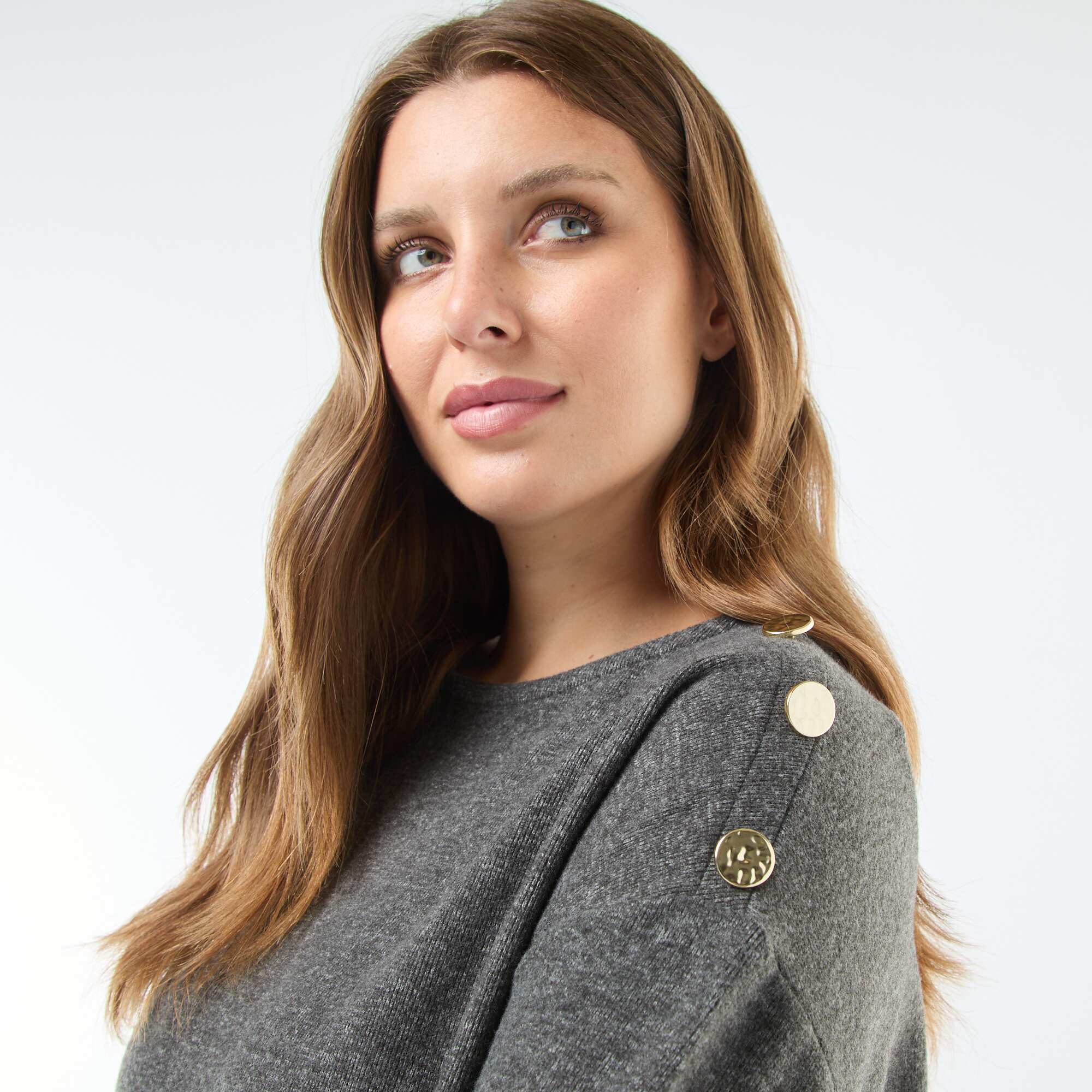 Snug Knit T-Shirt with Gold Buttons GREY - Image 3