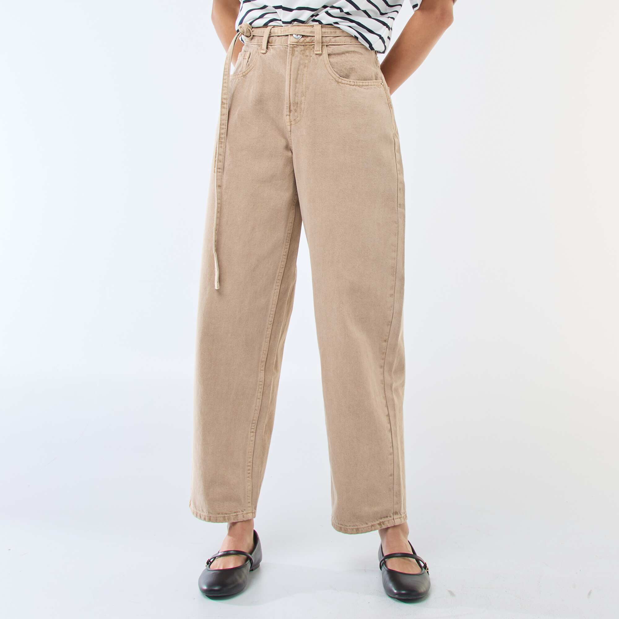 Solid Barrel Fit Denim Pants with Tie BEIGE - Image 2