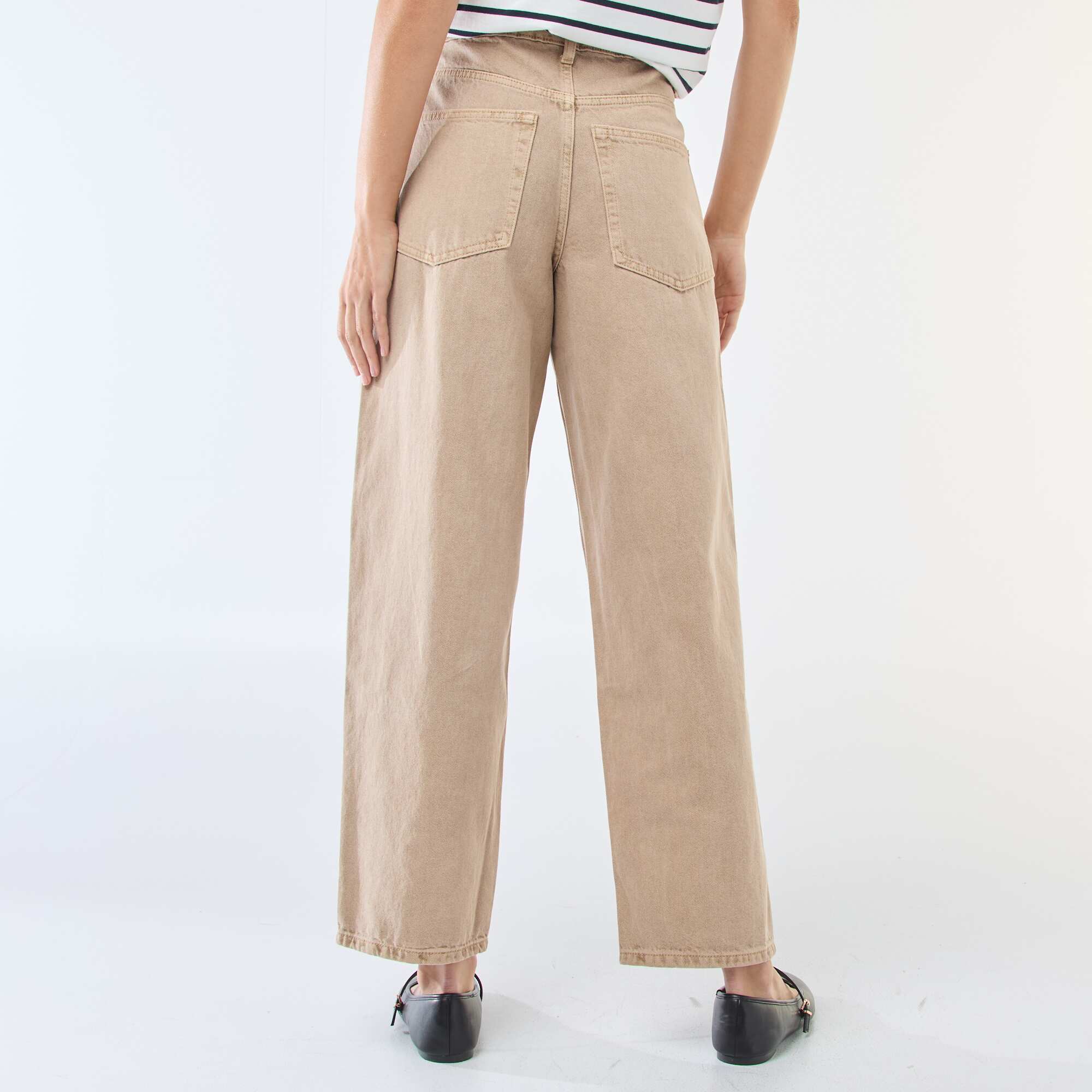 Solid Barrel Fit Denim Pants with Tie BEIGE - Image 3
