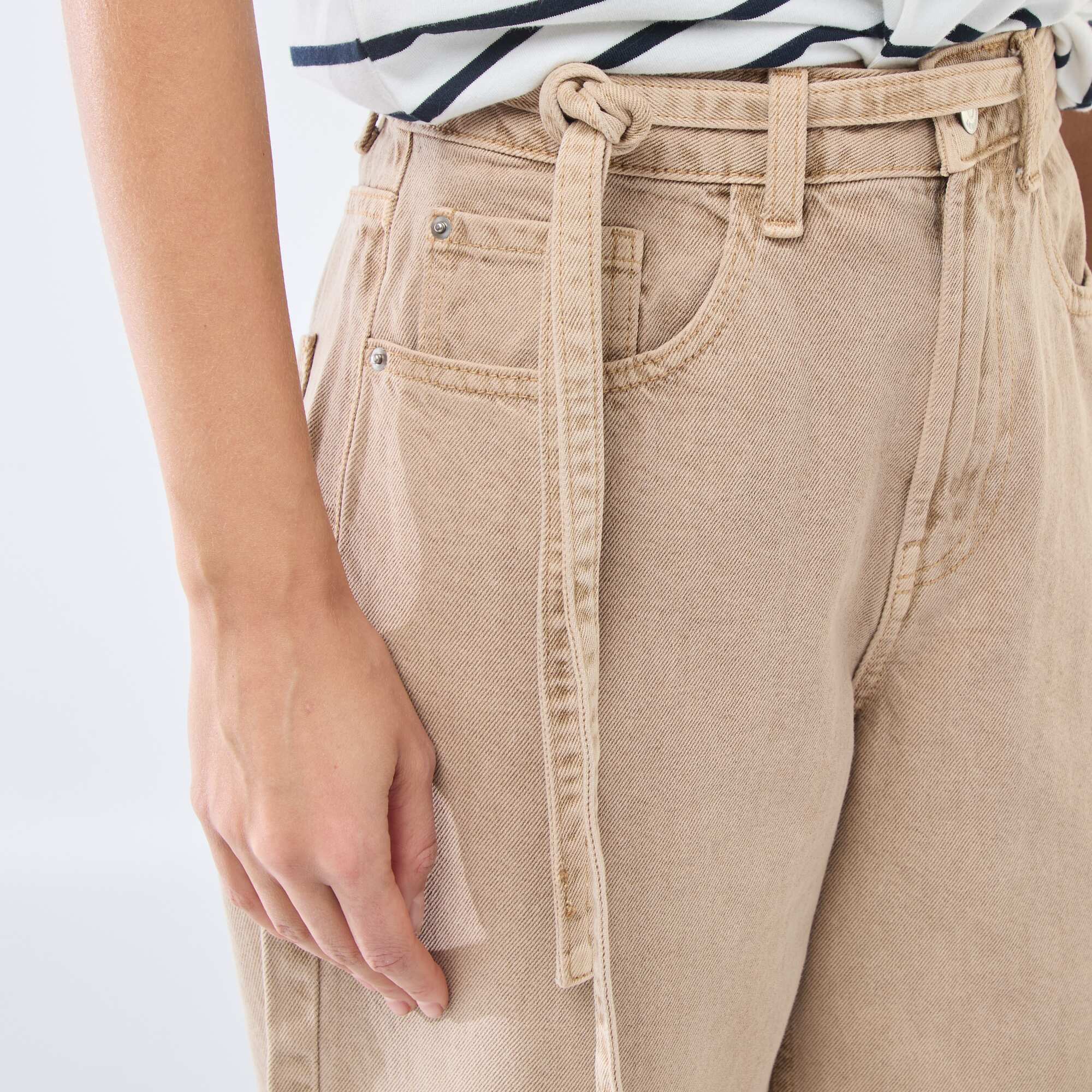 Solid Barrel Fit Denim Pants with Tie BEIGE - Image 5