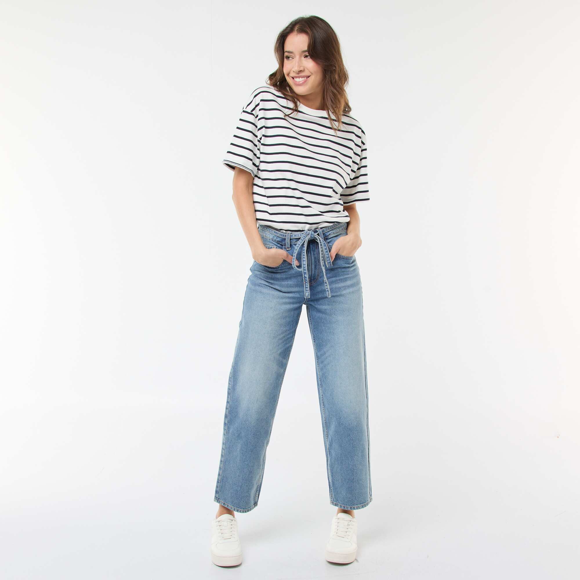 Solid Barrel Fit Denim Pants with Tie BLUE
