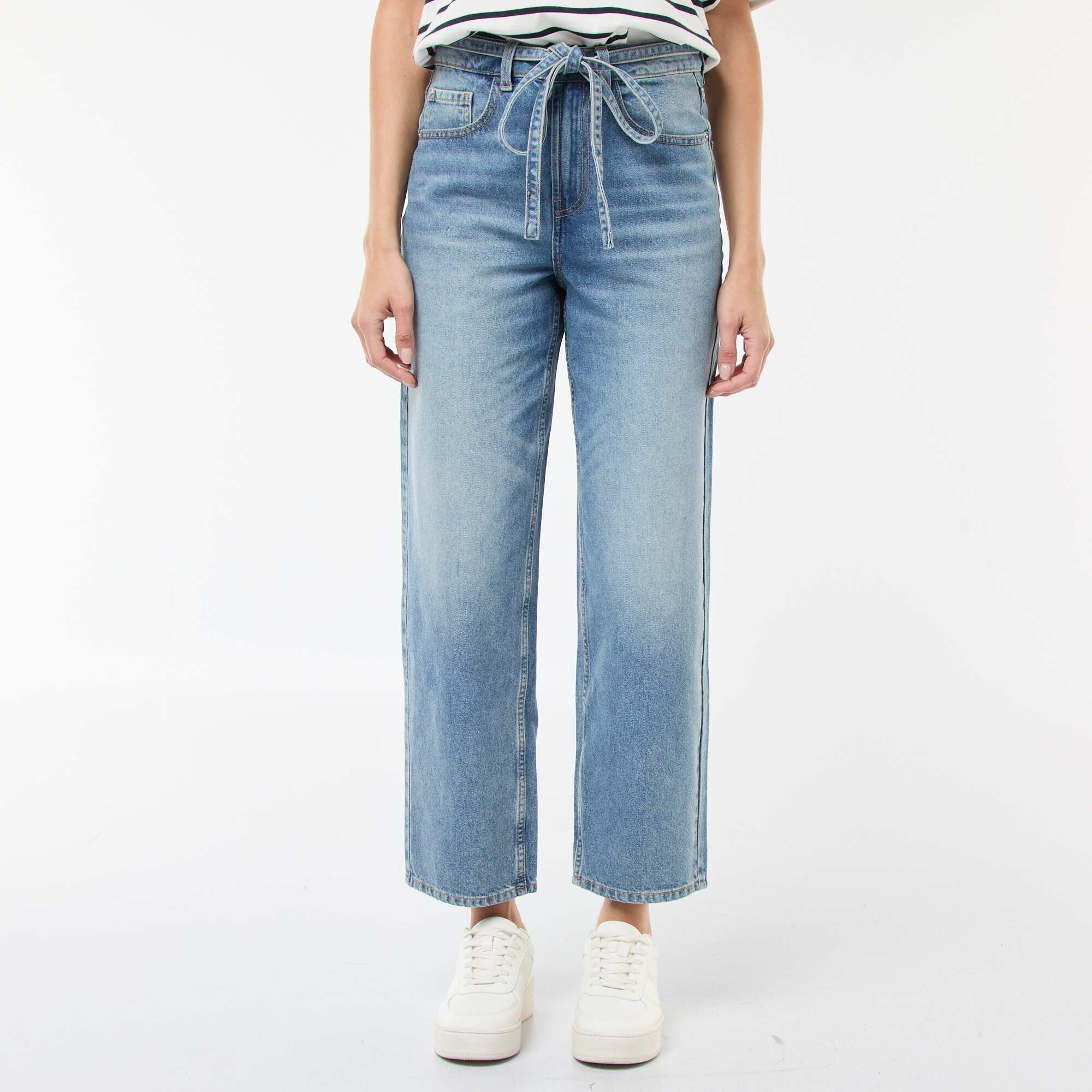 Solid Barrel Fit Denim Pants with Tie BLUE - Image 2