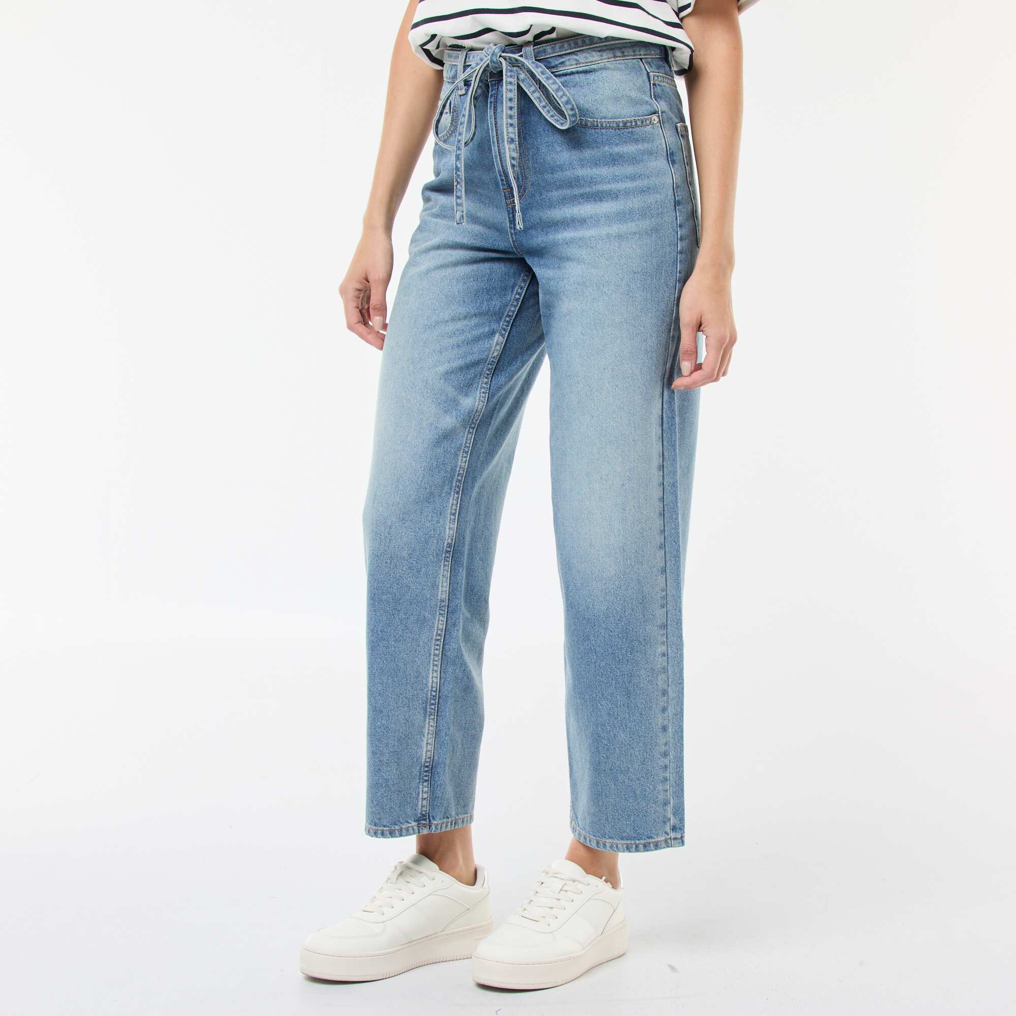 Solid Barrel Fit Denim Pants with Tie BLUE - Image 4