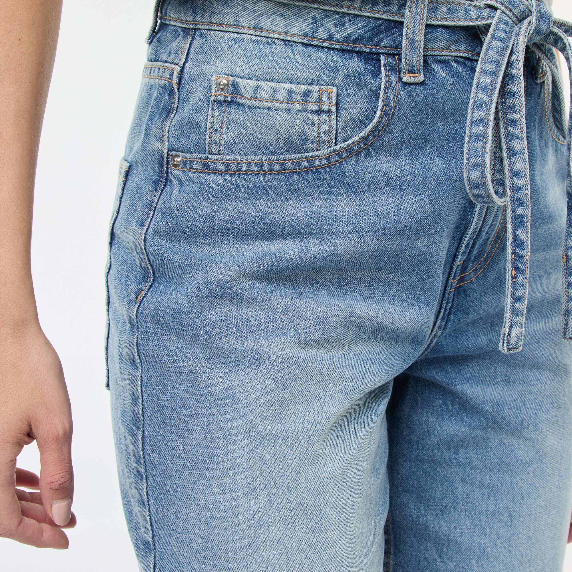 Solid Barrel Fit Denim Pants with Tie BLUE - Image 5