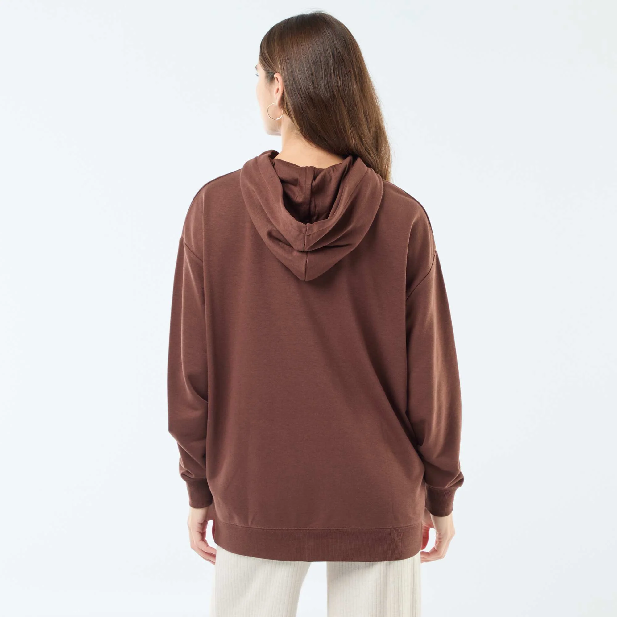 Solid Color Cotton Hoodie BROWN - Image 4
