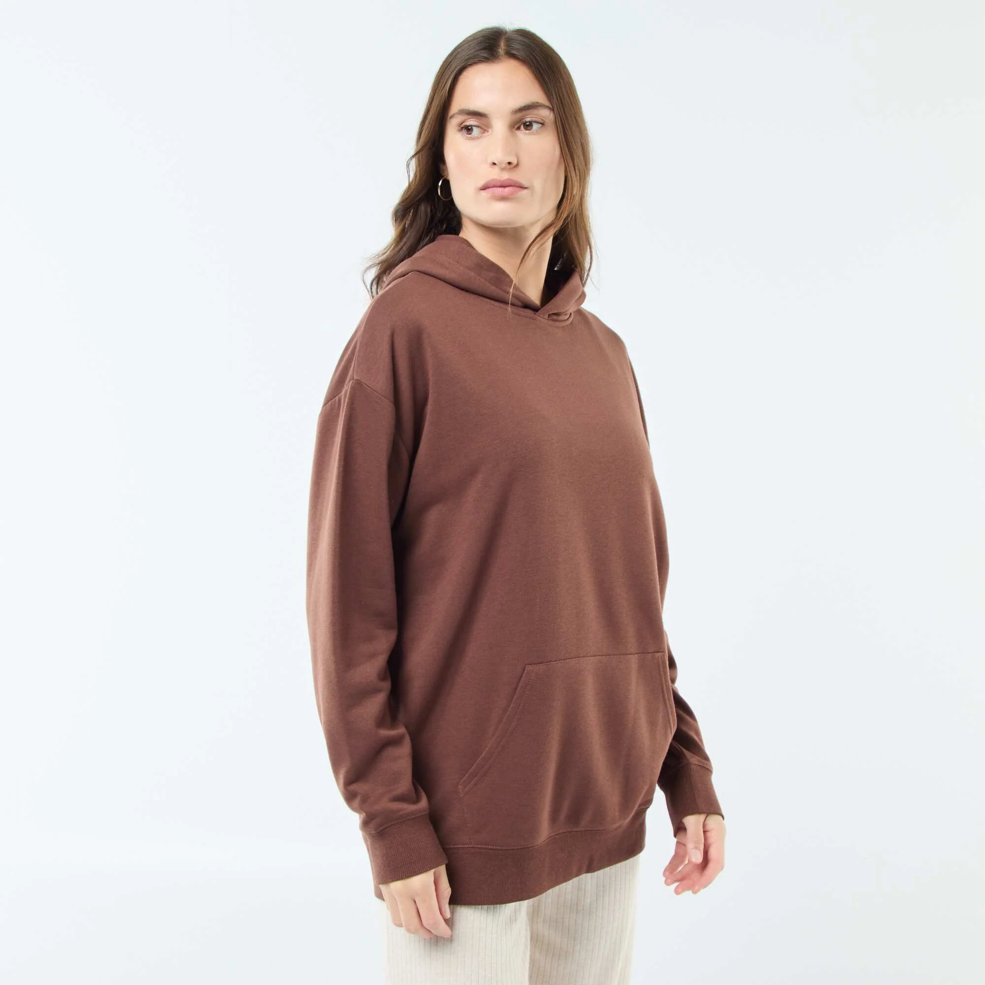 Solid Color Cotton Hoodie BROWN - Image 5