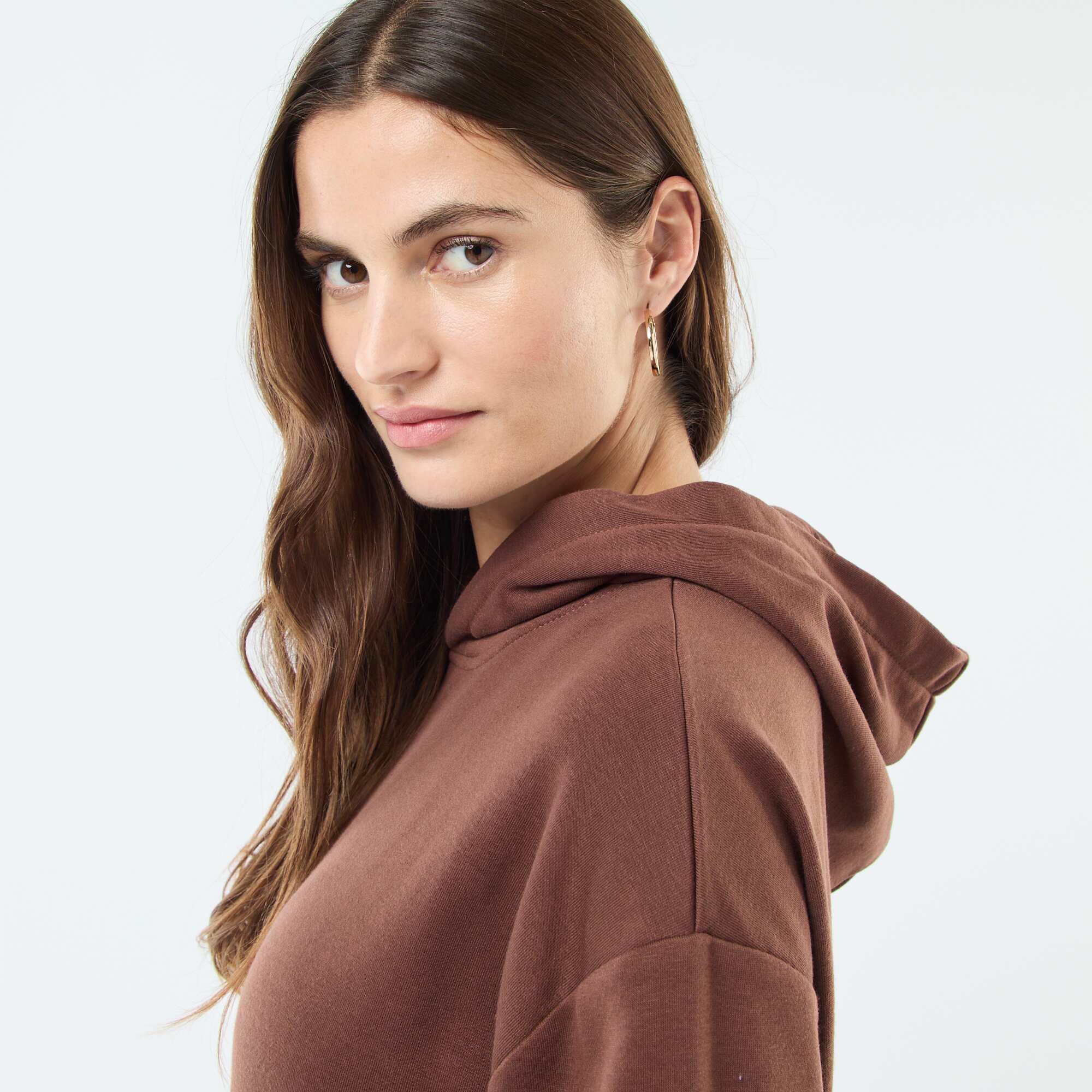 Solid Color Cotton Hoodie BROWN - Image 6