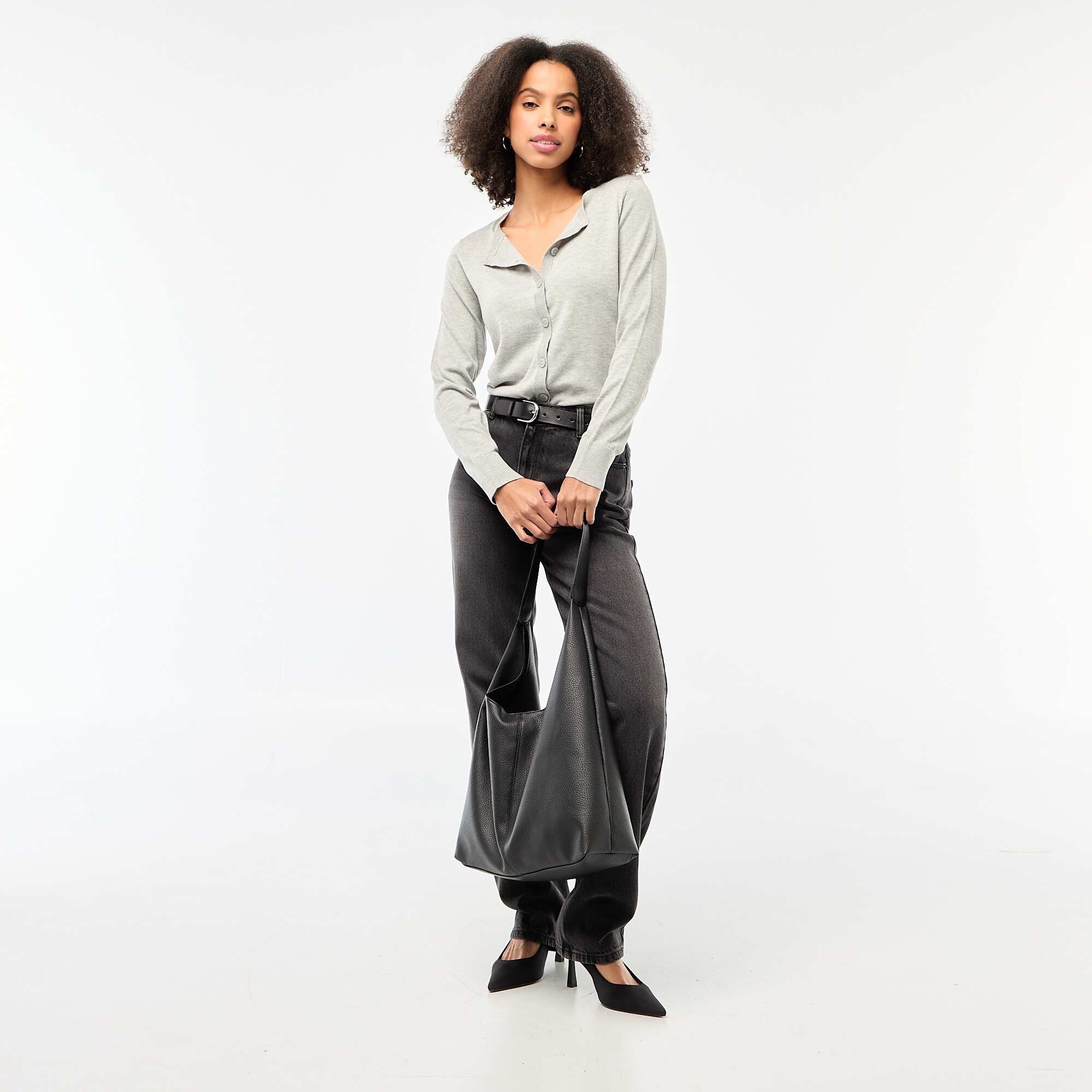 Solid Color Crew Neck Cardigan GREY - Image 2