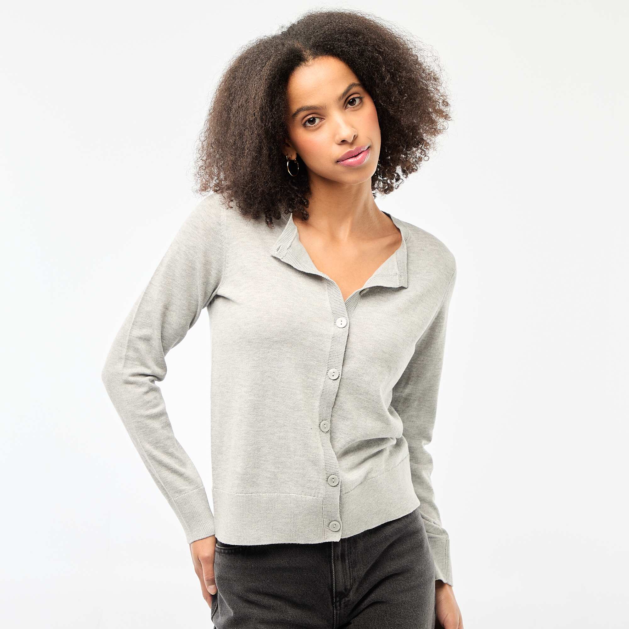 Solid Color Crew Neck Cardigan GREY - Image 3