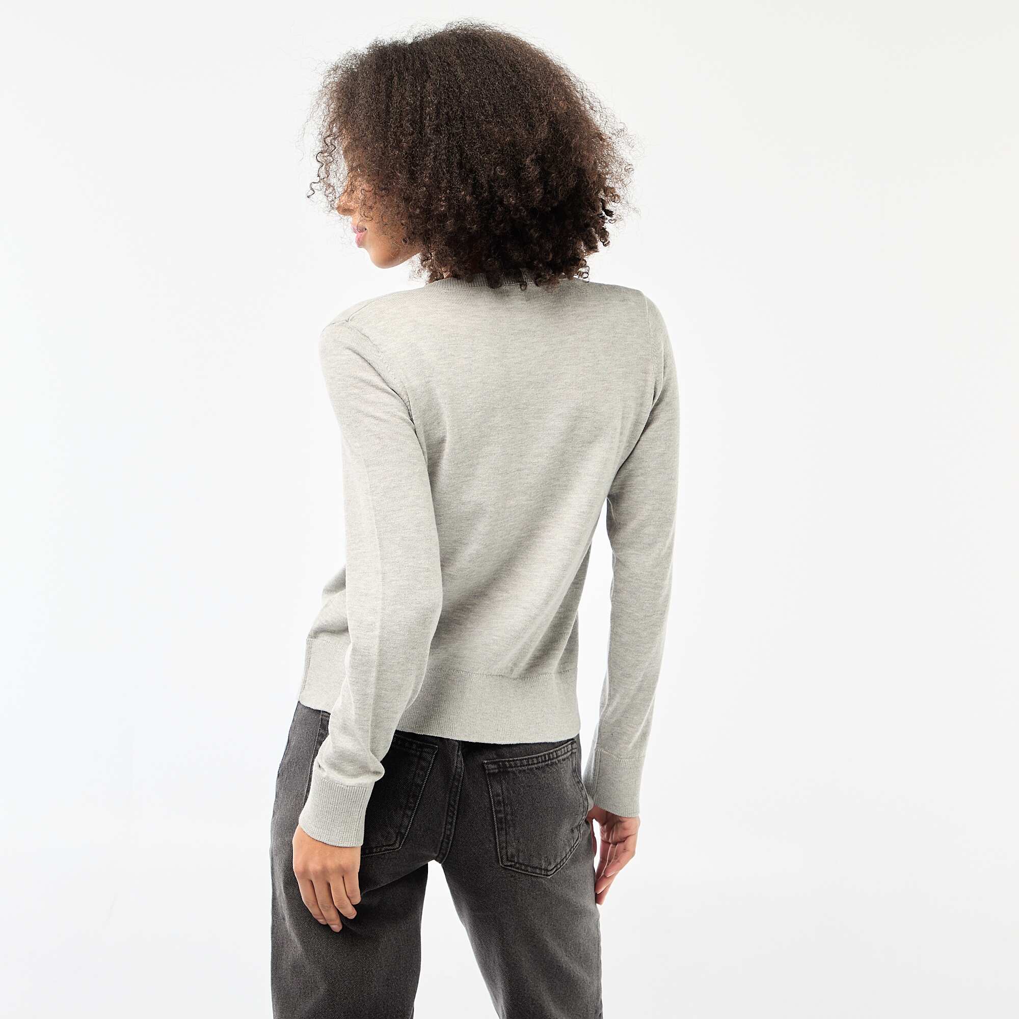 Solid Color Crew Neck Cardigan GREY - Image 4