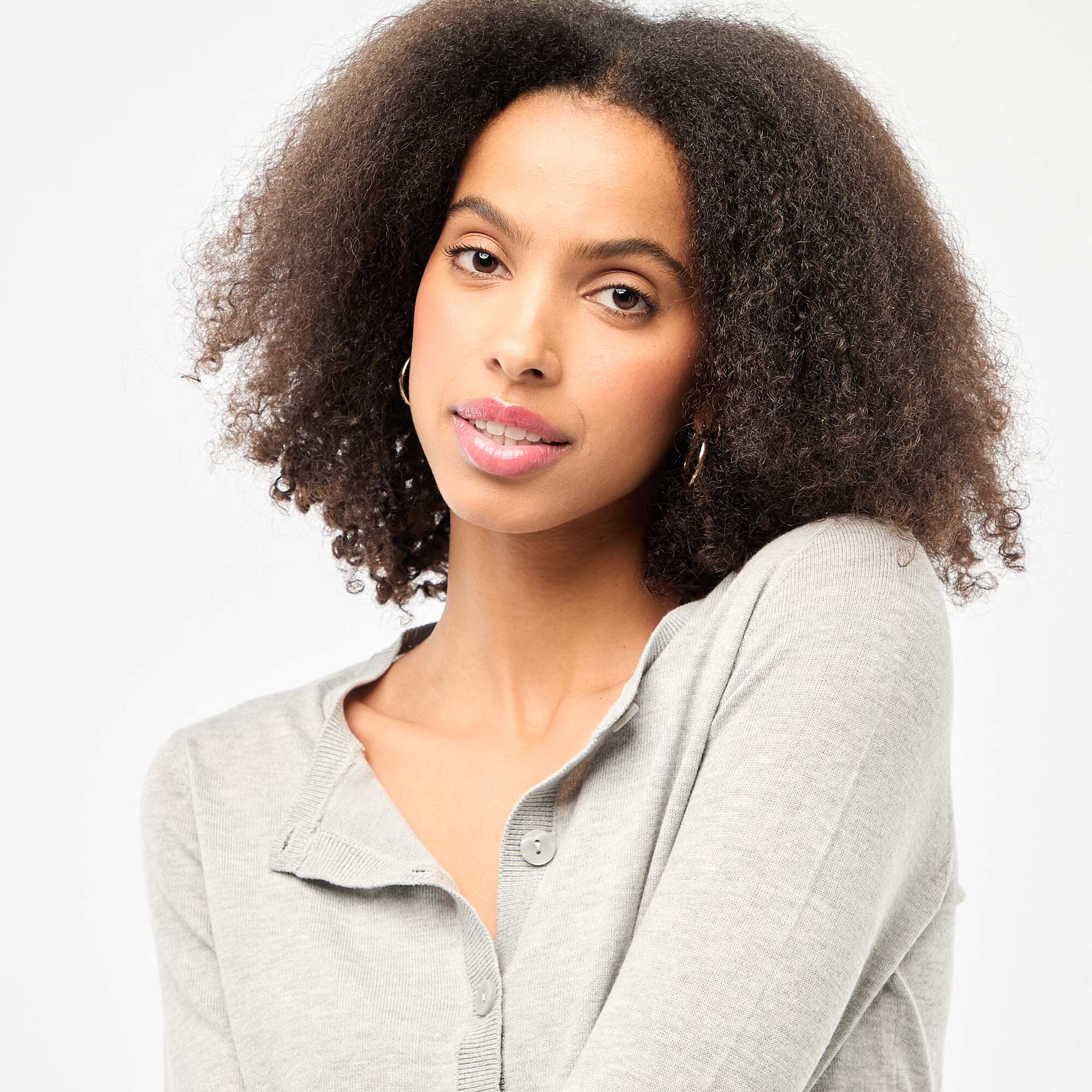 Solid Color Crew Neck Cardigan GREY - Image 5