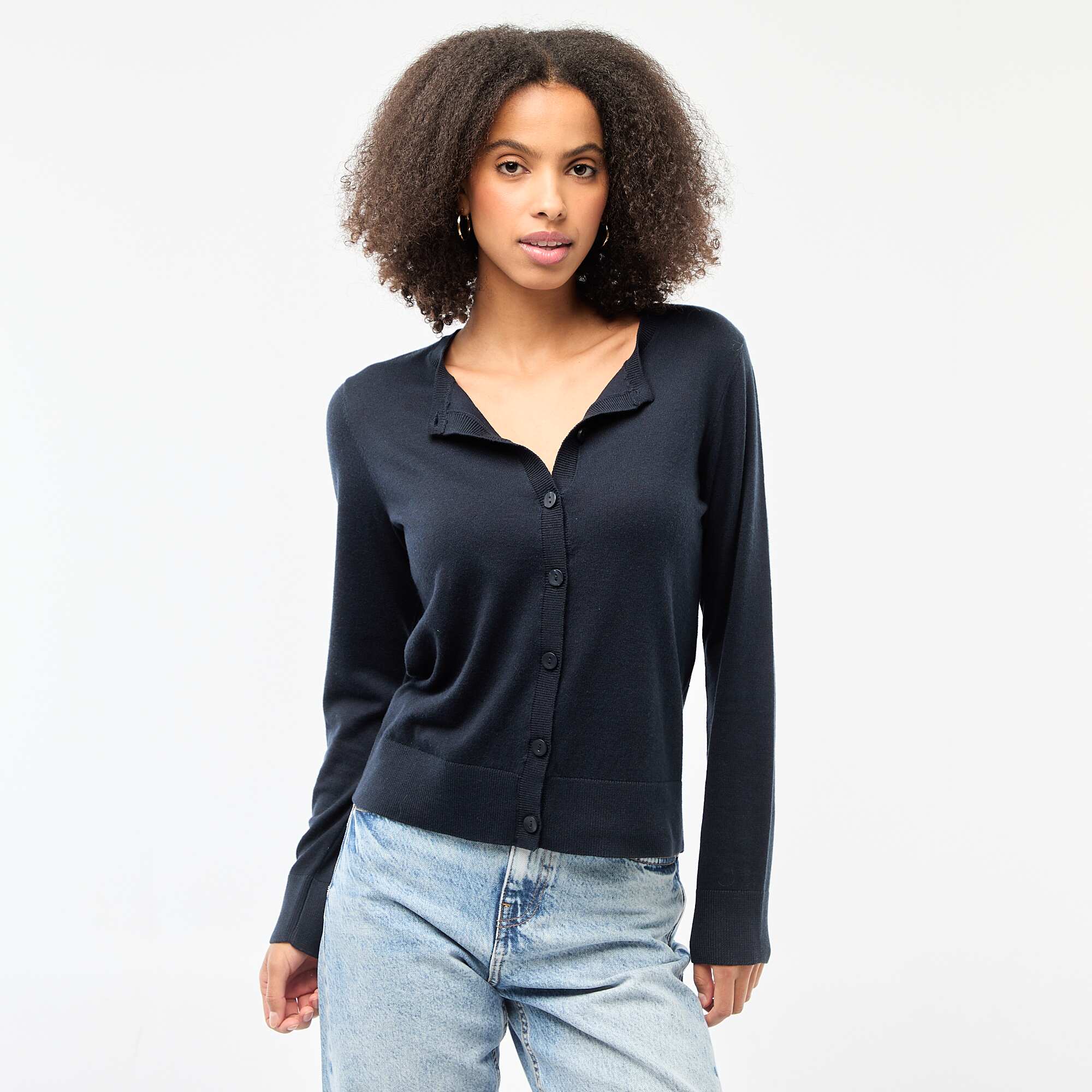 Solid Color Round Neck Cardigan BLUE - Image 3