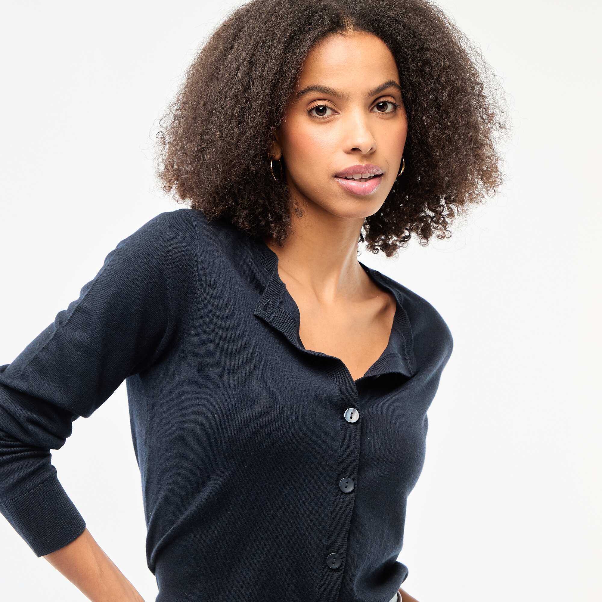 Solid Color Round Neck Cardigan BLUE - Image 5