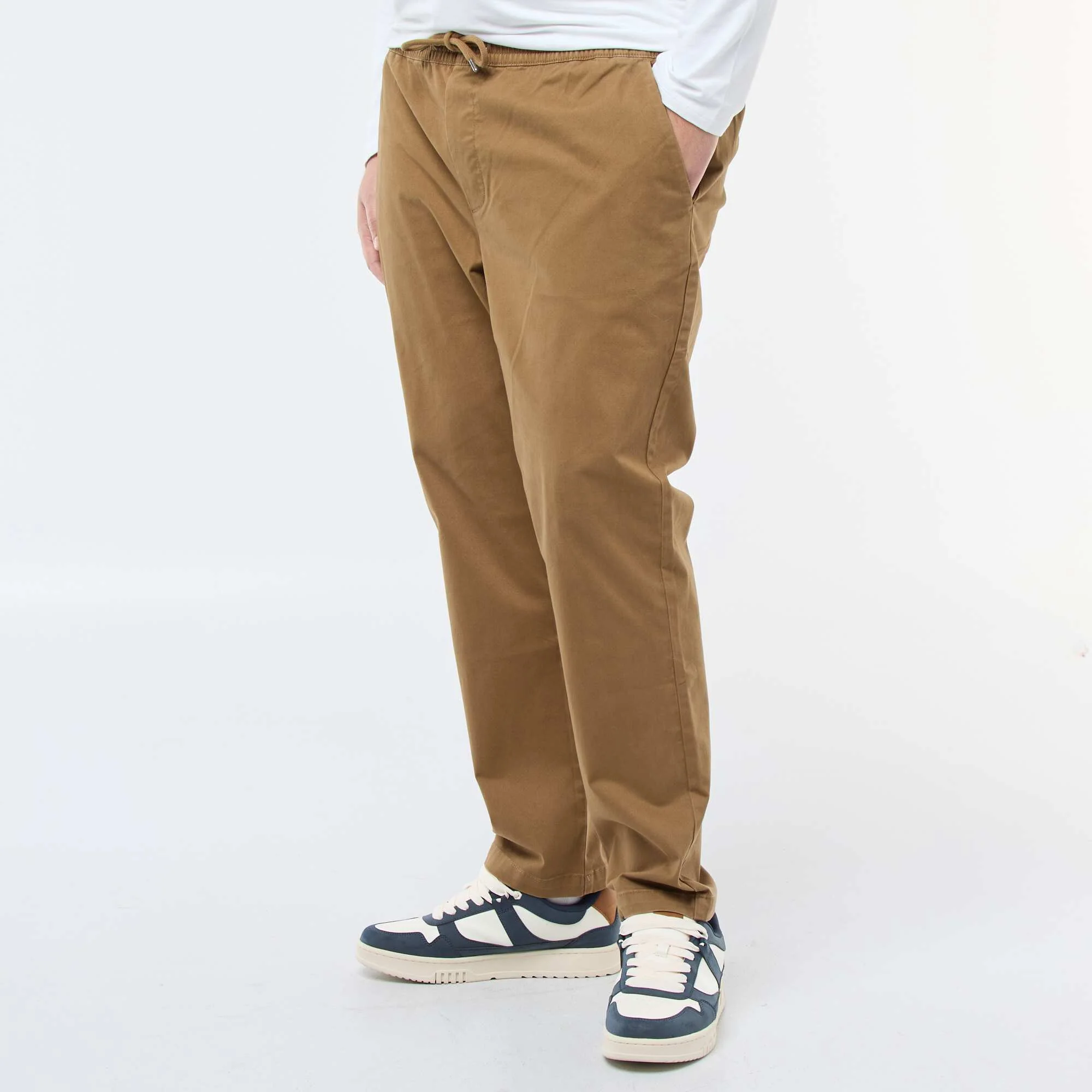 Solid Cotton Drawstring Trousers BROWN - Image 4