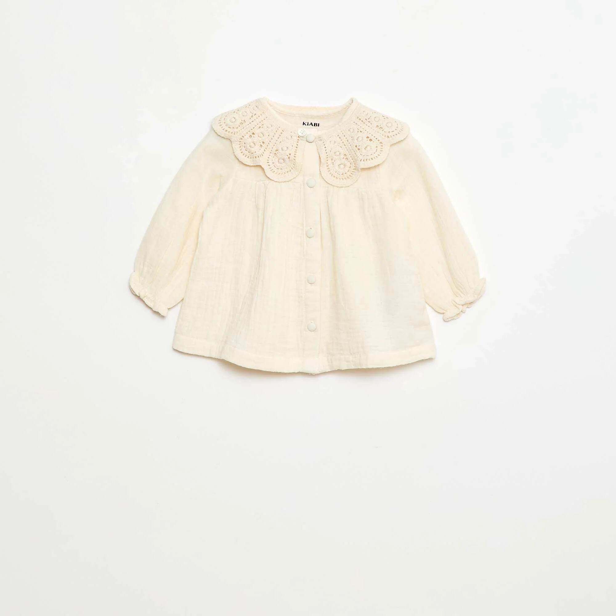 Solid Cotton Gauze Blouse with Crochet Collar WHITE