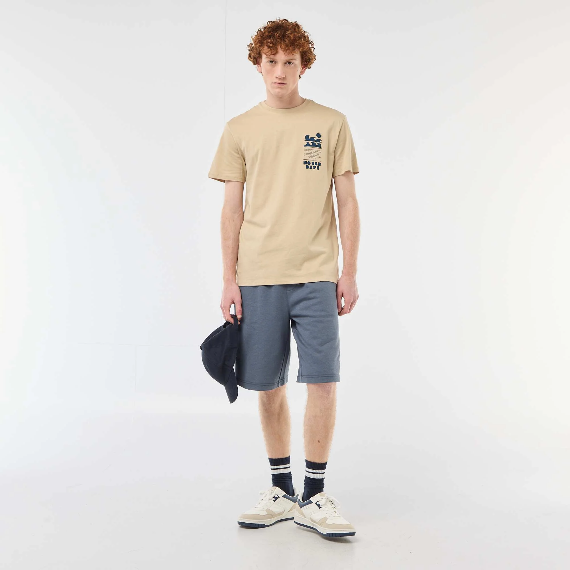 Solid Cotton Placement Print T-Shirt BEIGE - Image 2