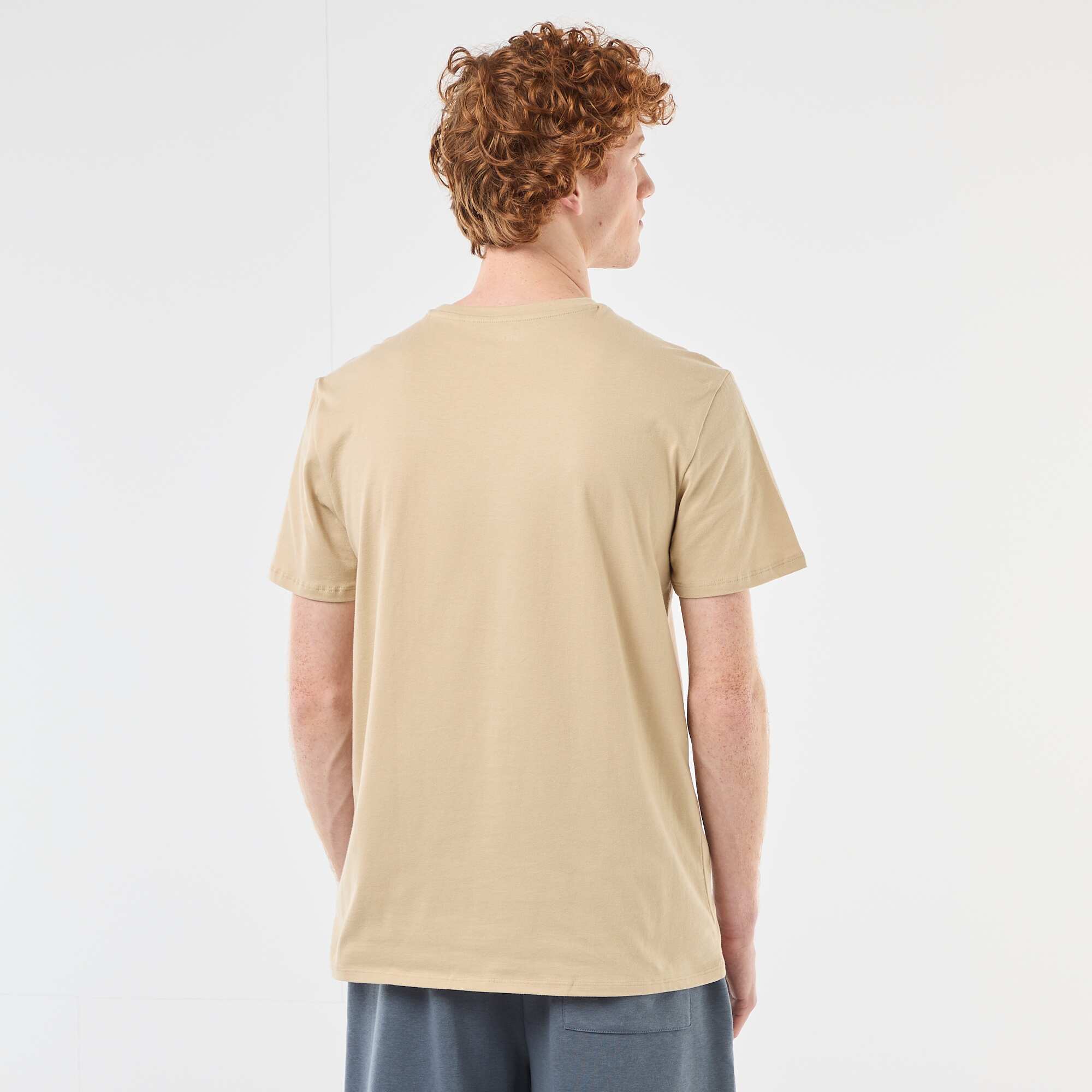 Solid Cotton Placement Print T-Shirt BEIGE - Image 3