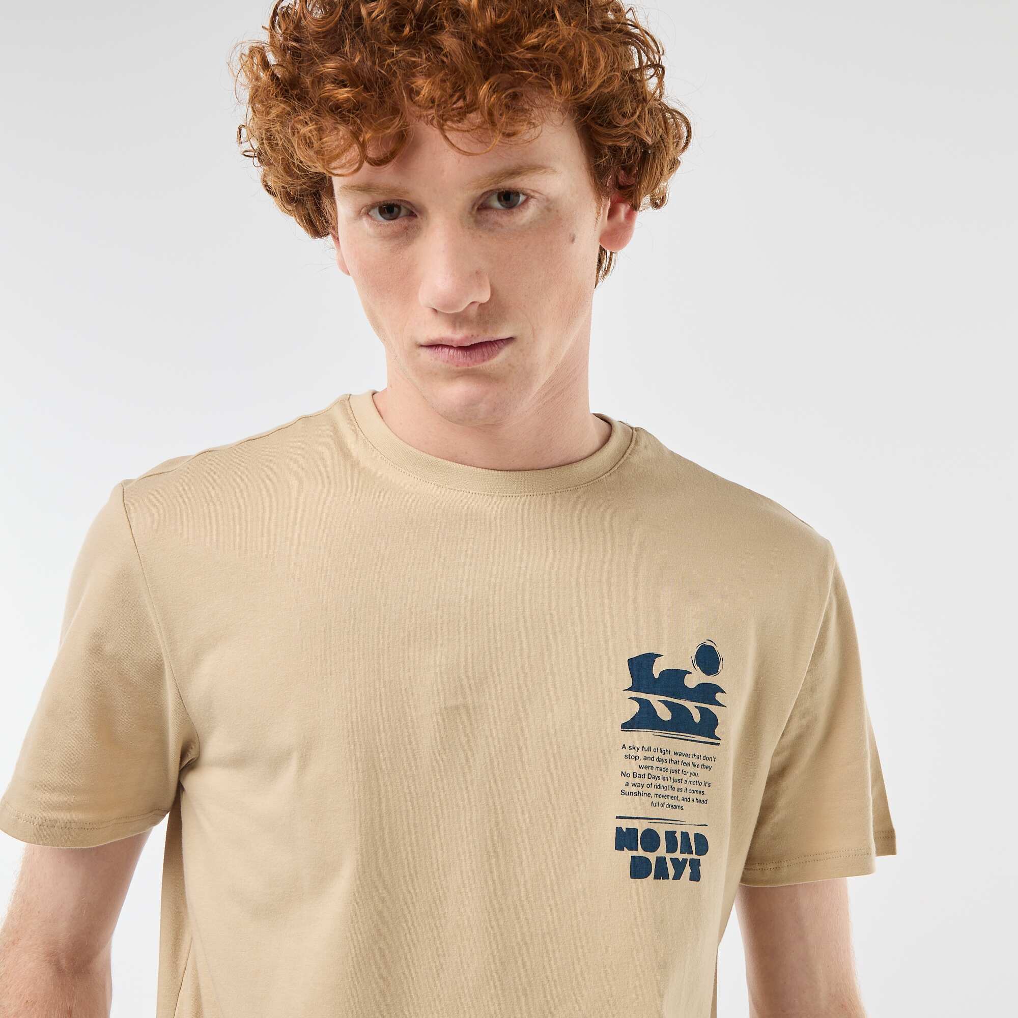 Solid Cotton Placement Print T-Shirt BEIGE - Image 4