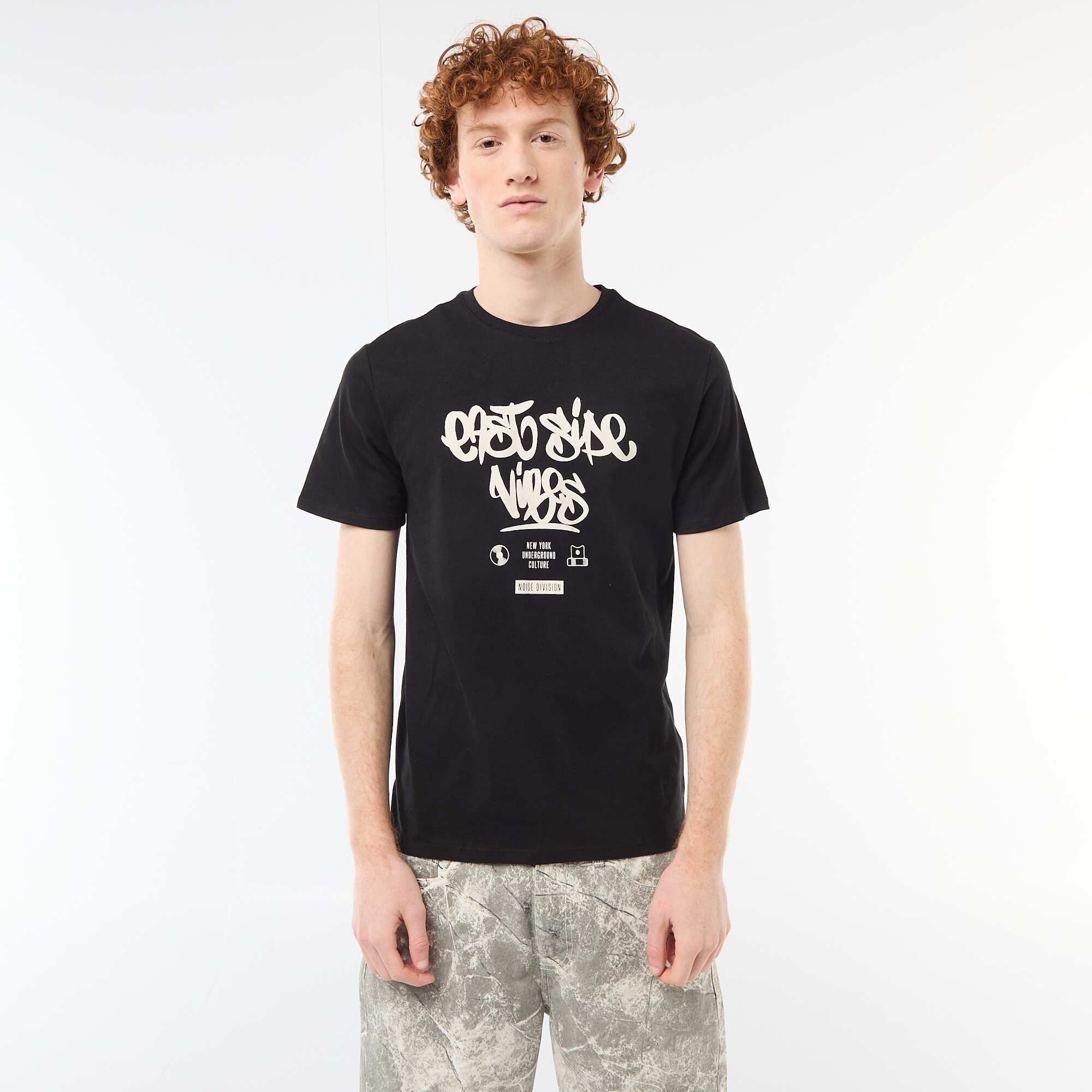Solid Cotton Placement Print T-Shirt BLACK