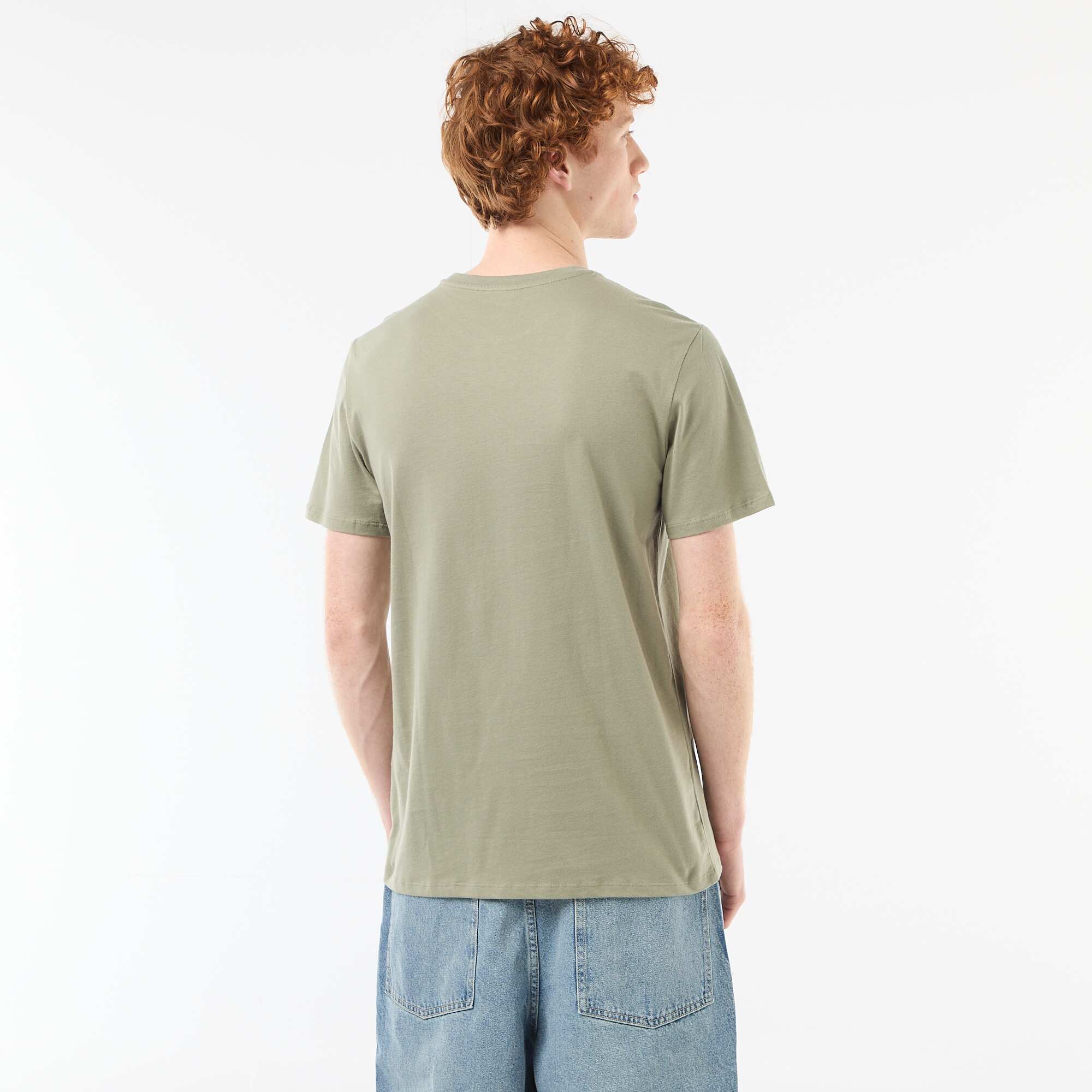 Solid Cotton Placement Print T-Shirt GREEN - Image 3