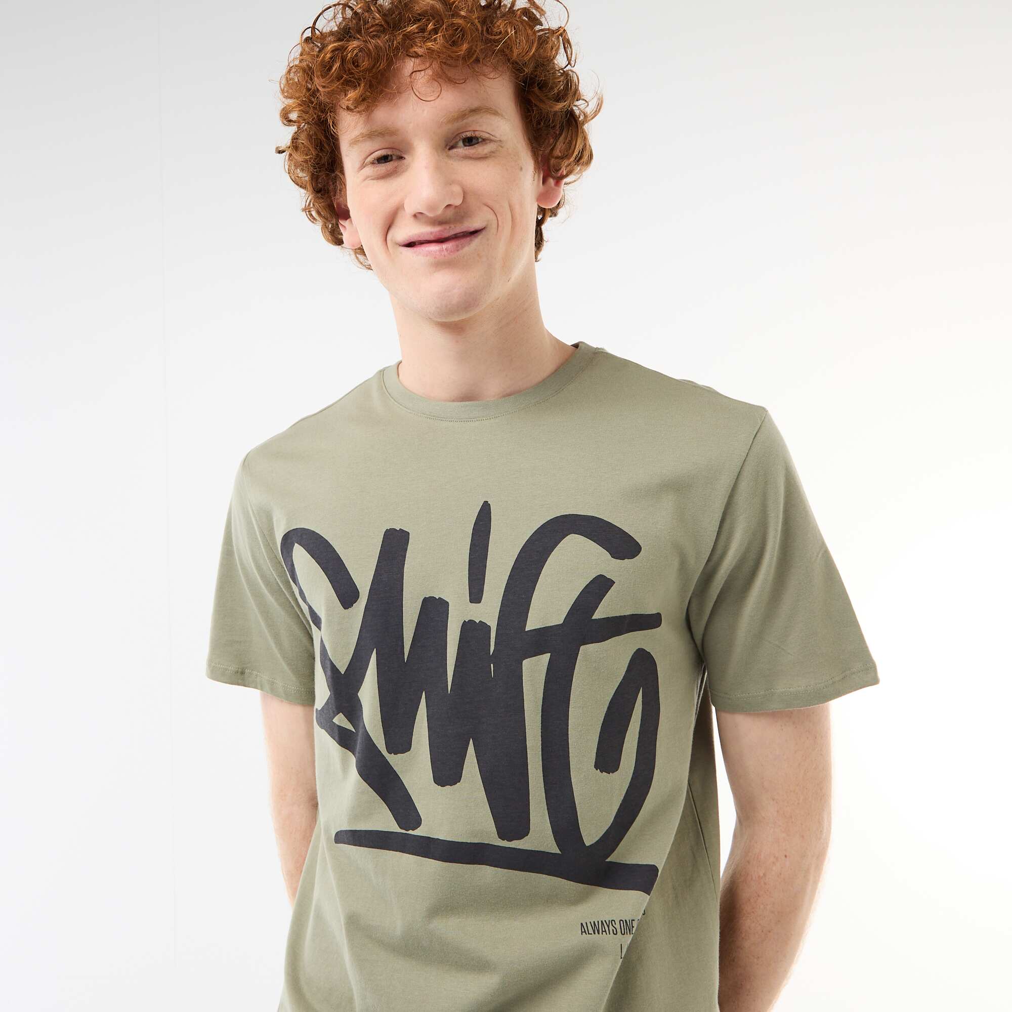 Solid Cotton Placement Print T-Shirt GREEN - Image 4