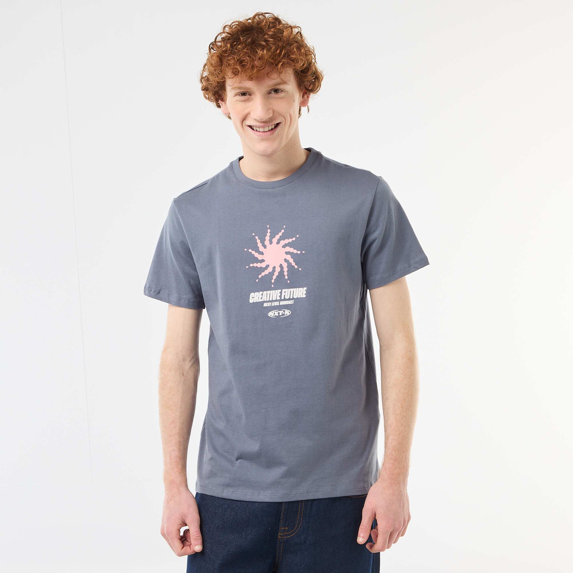 Solid Cotton Placement Print T-Shirt GREY