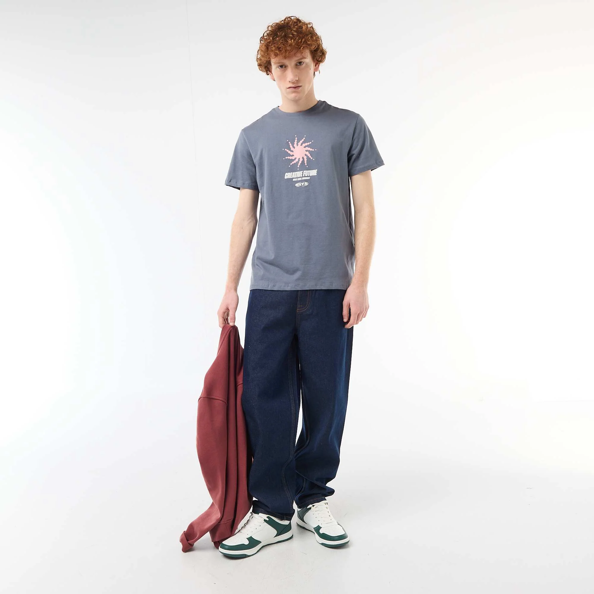 Solid Cotton Placement Print T-Shirt GREY - Image 2