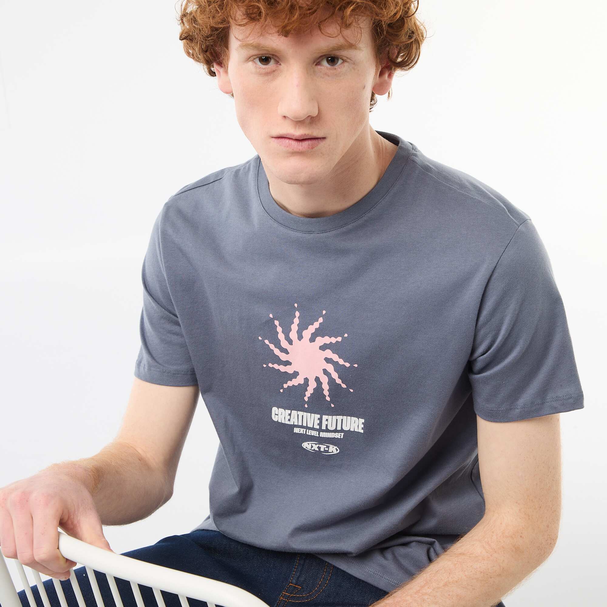 Solid Cotton Placement Print T-Shirt GREY - Image 4
