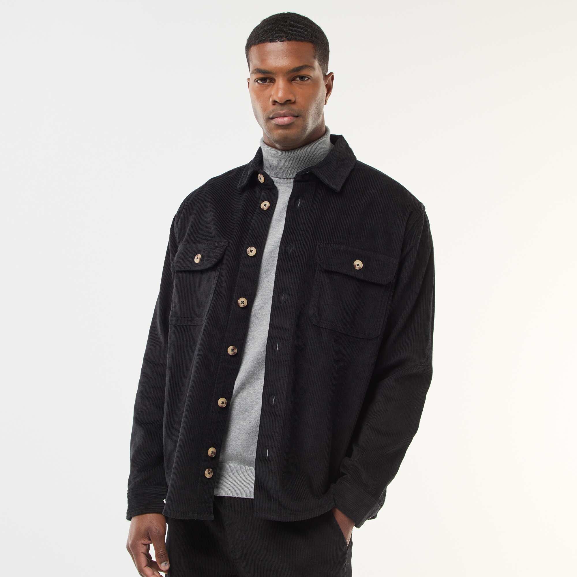 Solid Cotton Velvet Overshirt BLACK