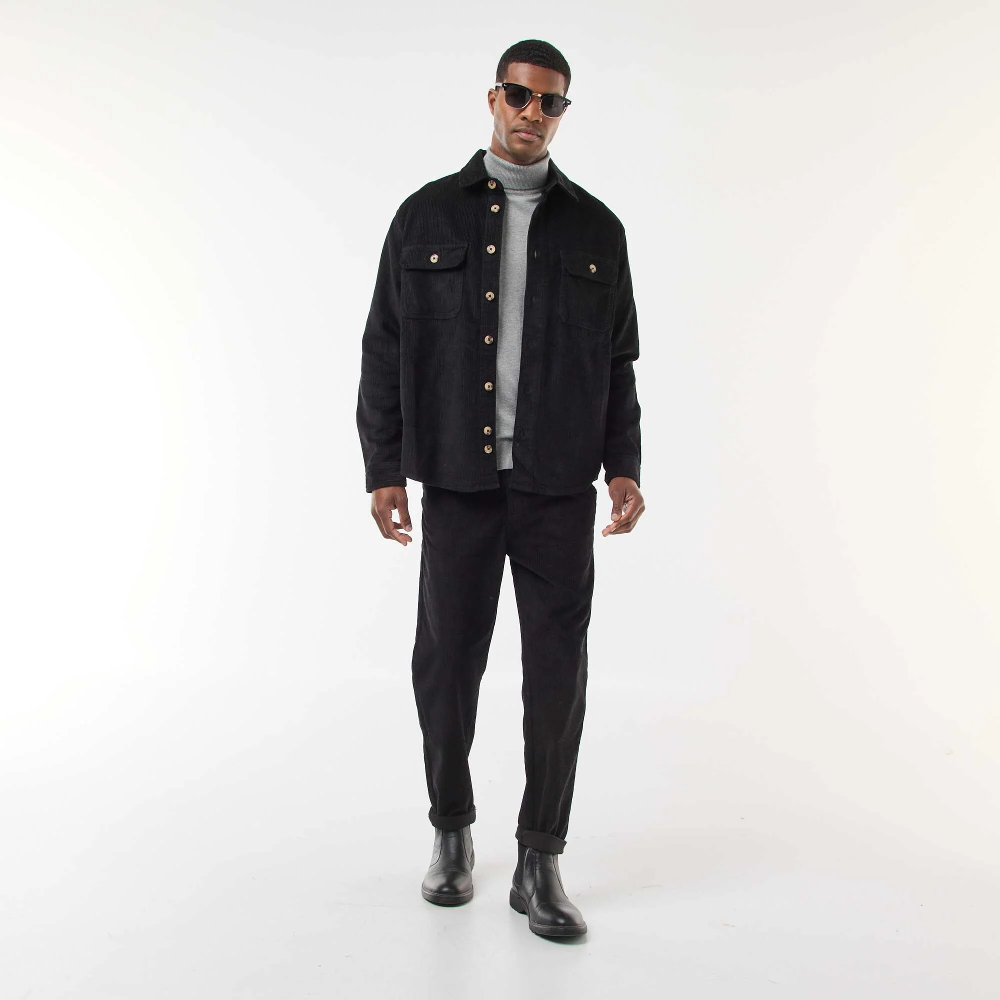 Solid Cotton Velvet Overshirt BLACK - Image 2