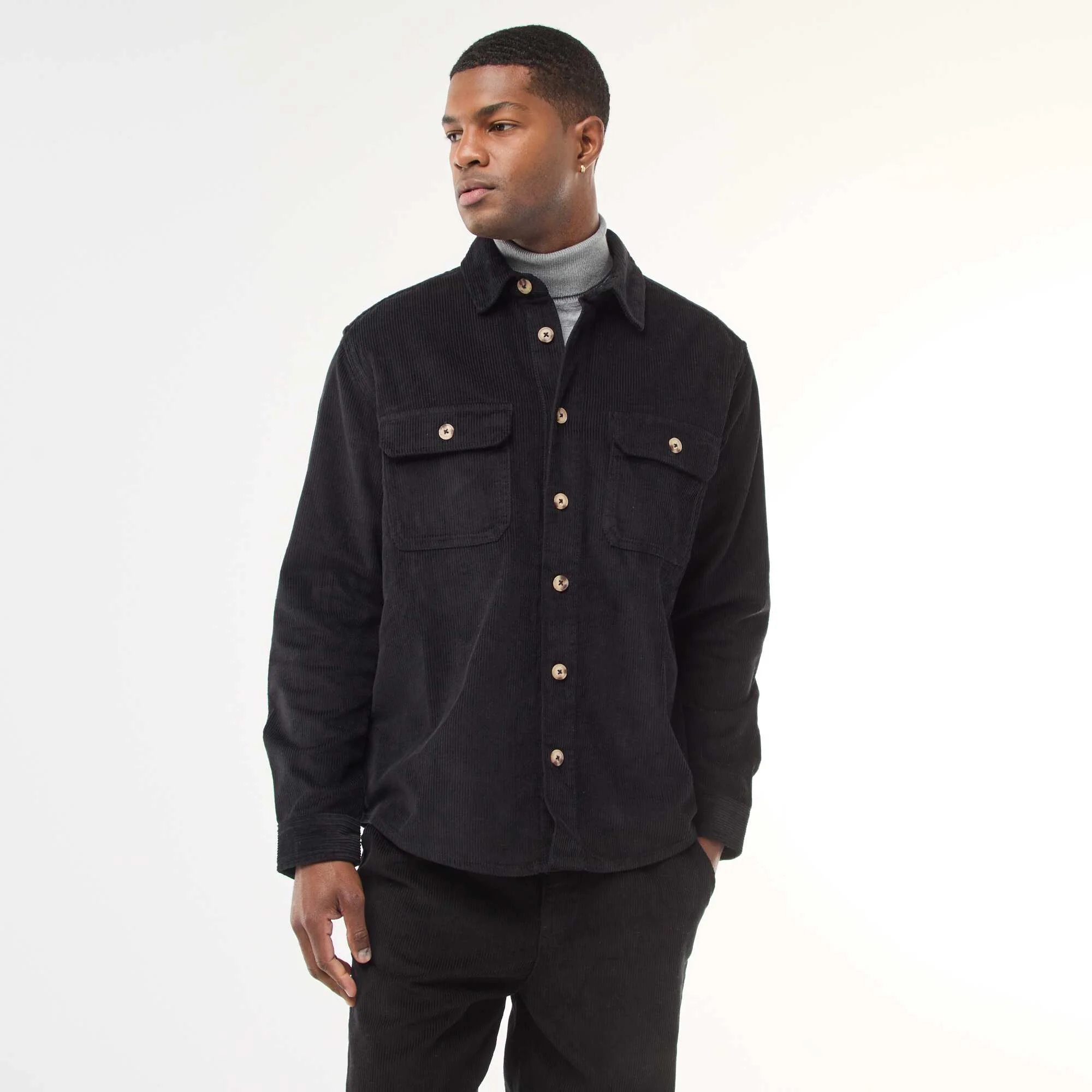 Solid Cotton Velvet Overshirt BLACK - Image 3
