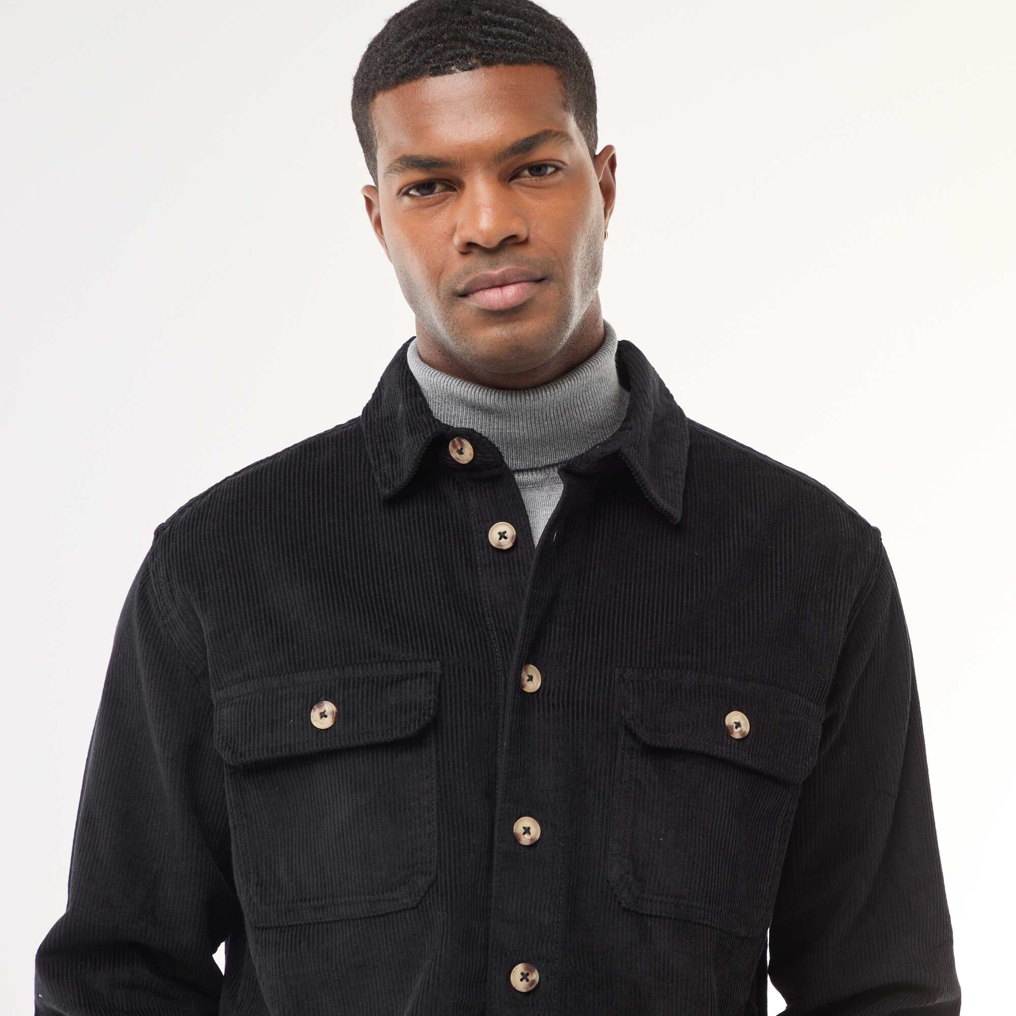 Solid Cotton Velvet Overshirt BLACK - Image 5