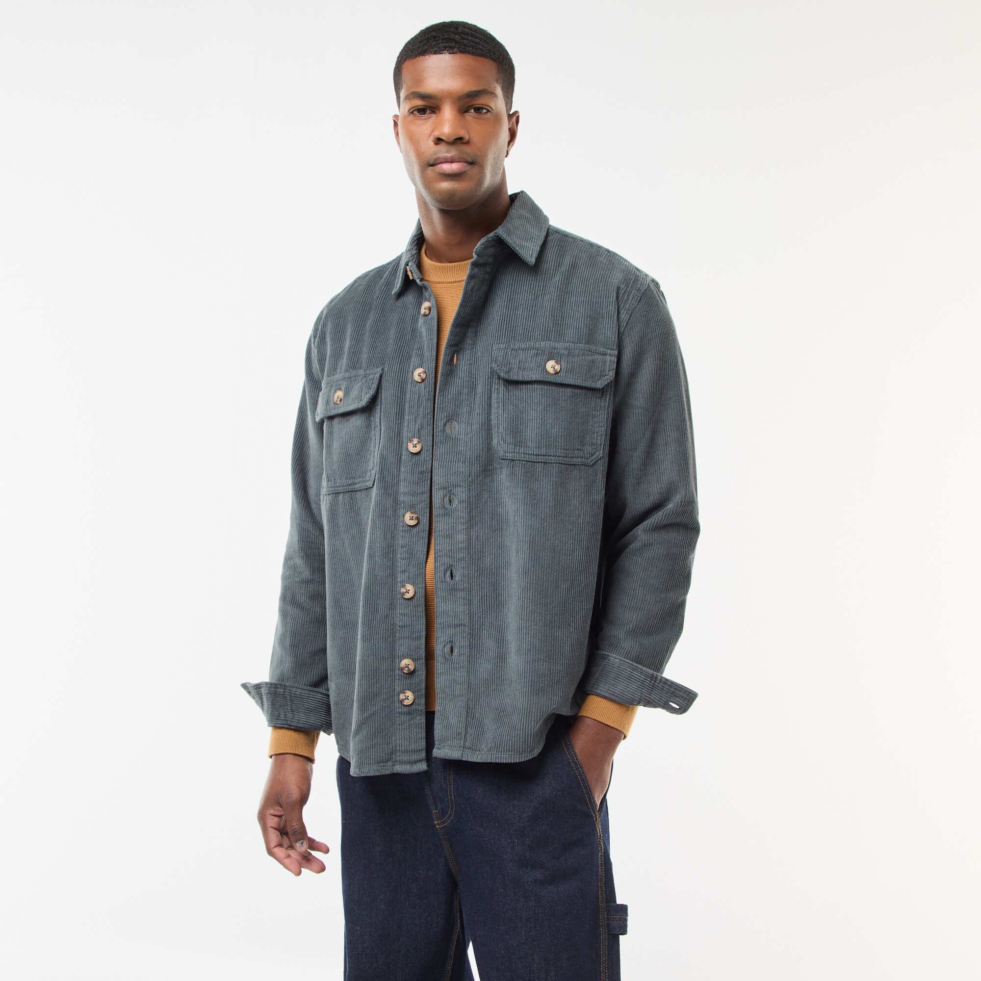 Solid Cotton Velvet Overshirt KHAKI