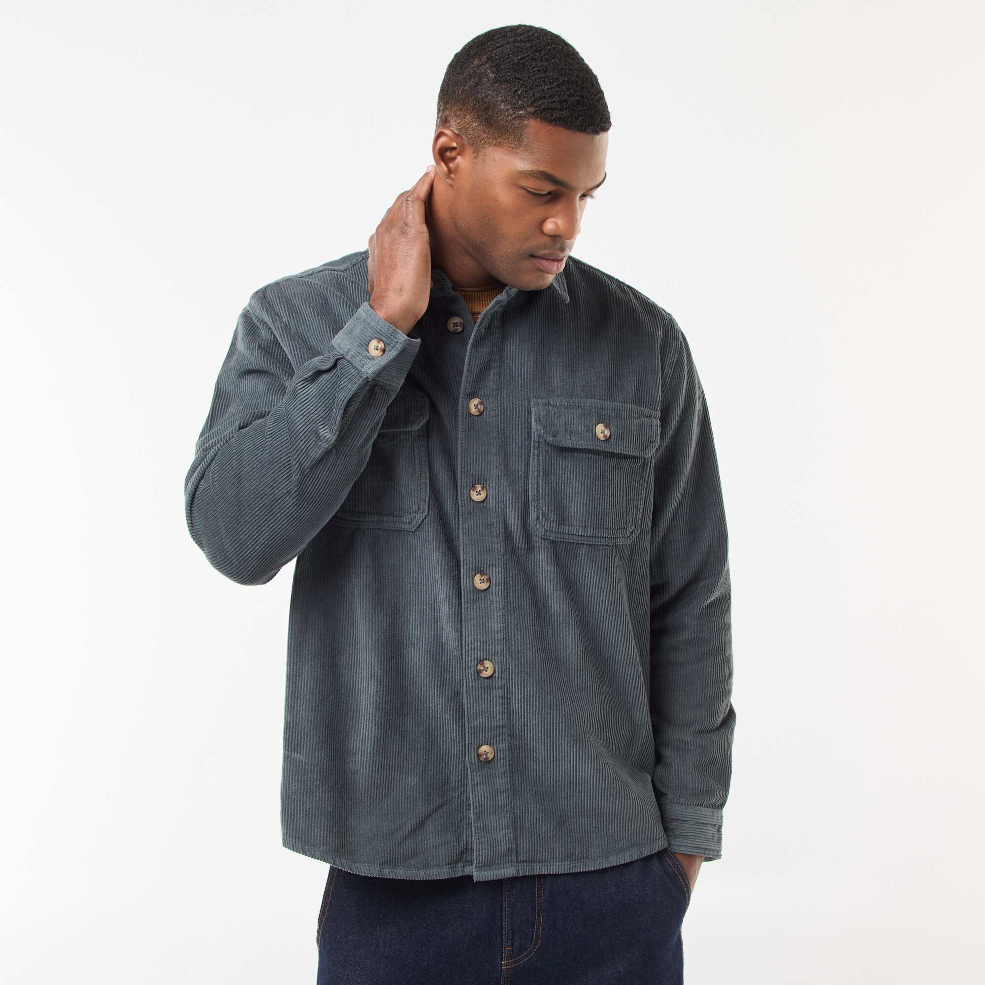 Solid Cotton Velvet Overshirt KHAKI - Image 3