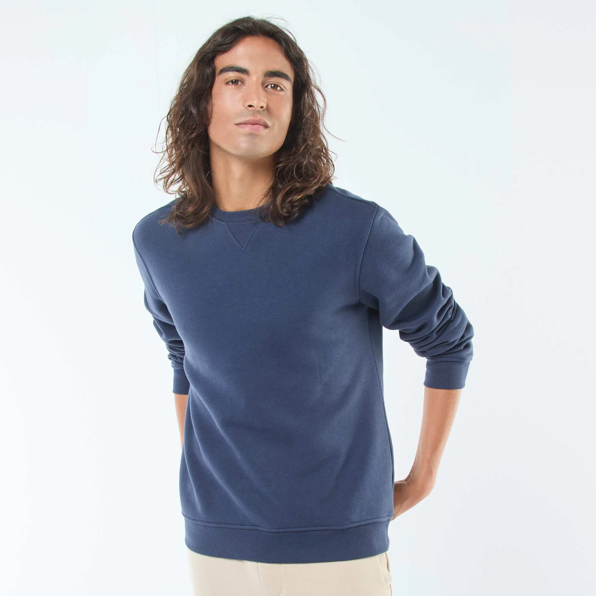 Solid Crew Neck Sweatshirt in Brushed Fleece BLUE - Image 3