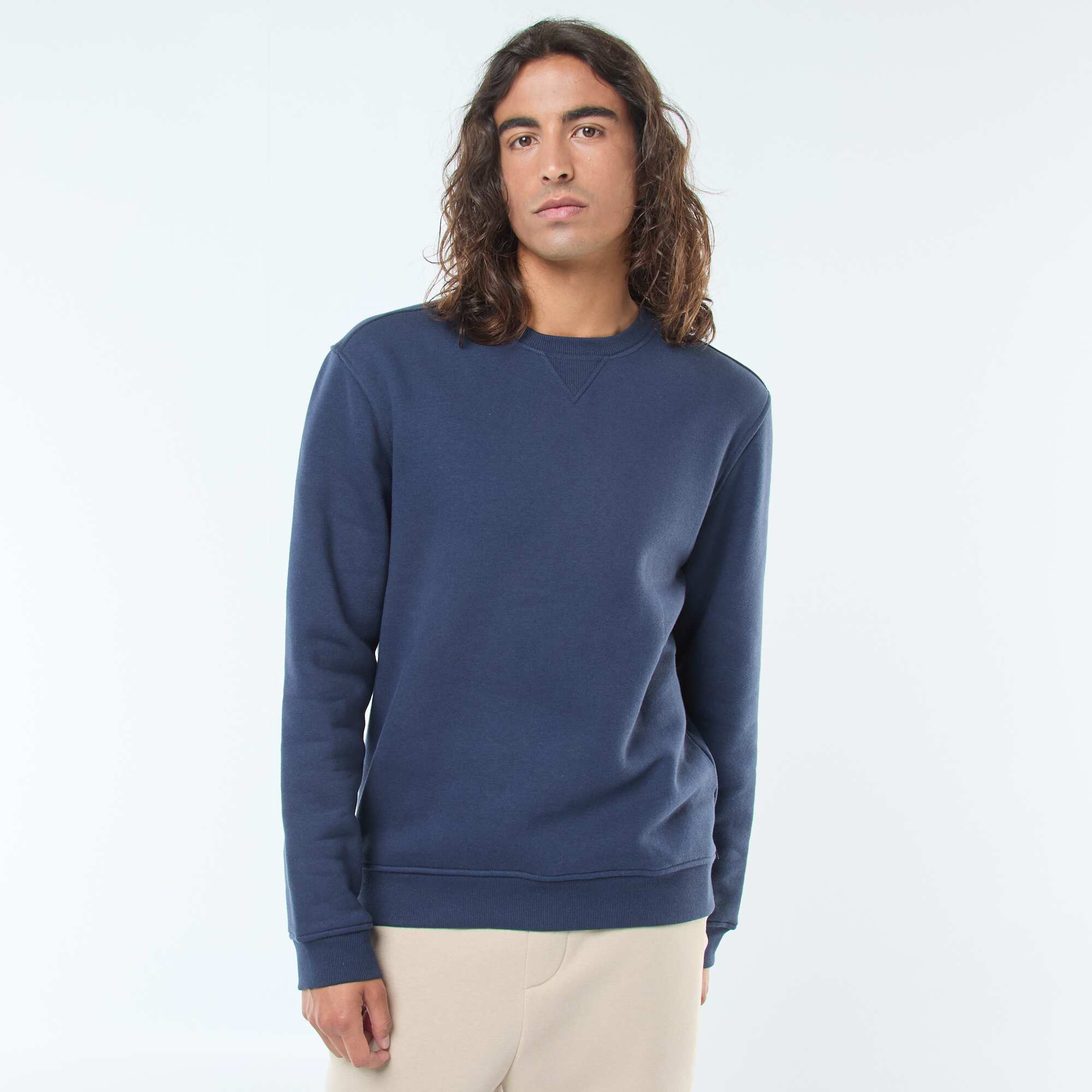 Solid Crew Neck Sweatshirt in Brushed Fleece BLUE - Image 5