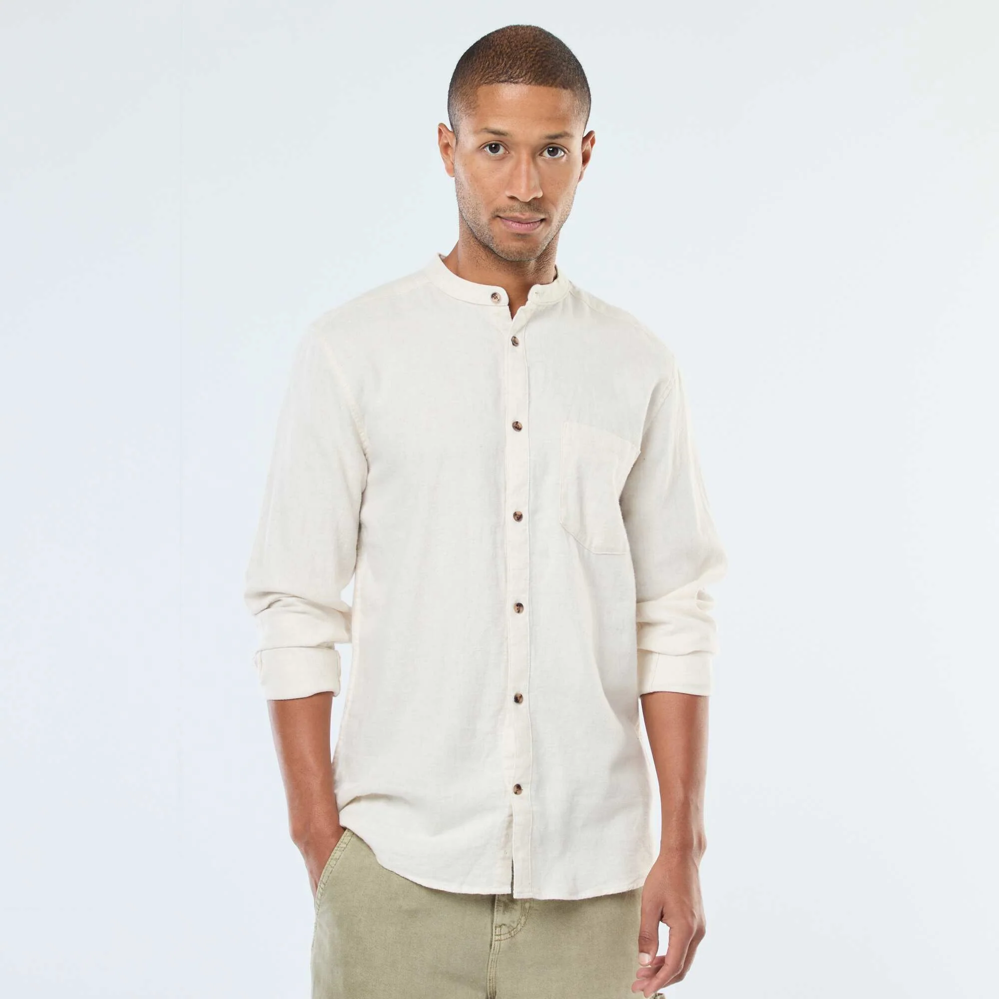 Solid Flannel Shirt with a Mandarin Collar BEIGE