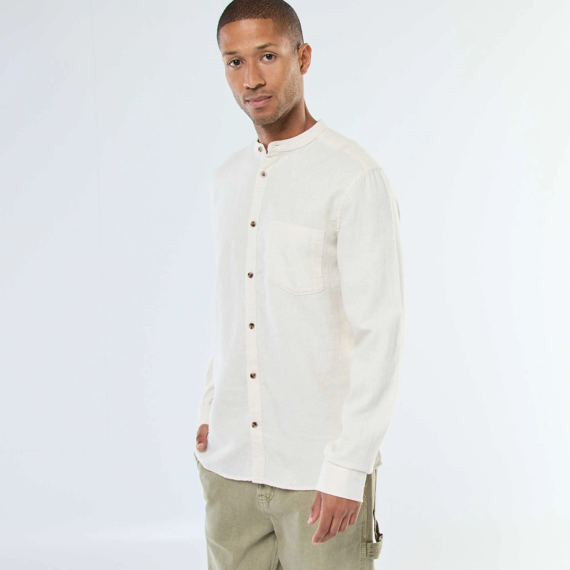 Solid Flannel Shirt with a Mandarin Collar BEIGE - Image 5
