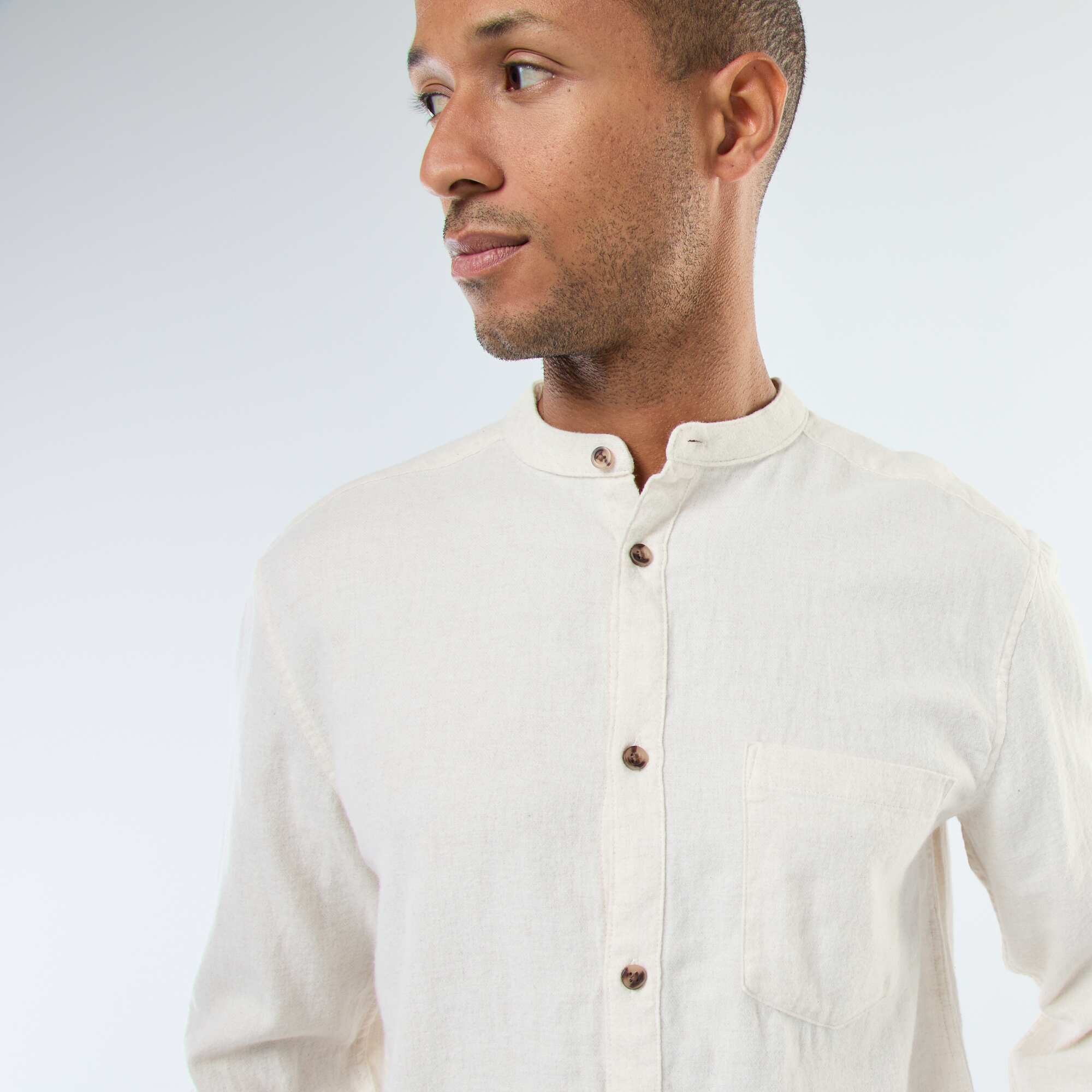 Solid Flannel Shirt with a Mandarin Collar BEIGE - Image 6