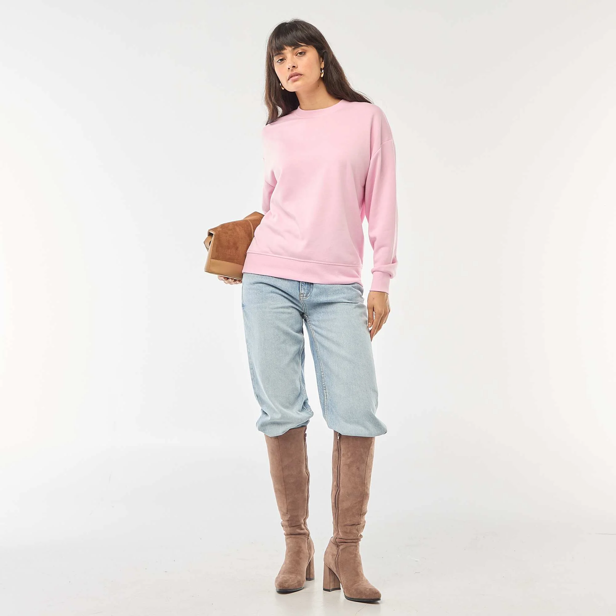 Solid French Terry Crew Neck Sweatshirt PINK - Image 2