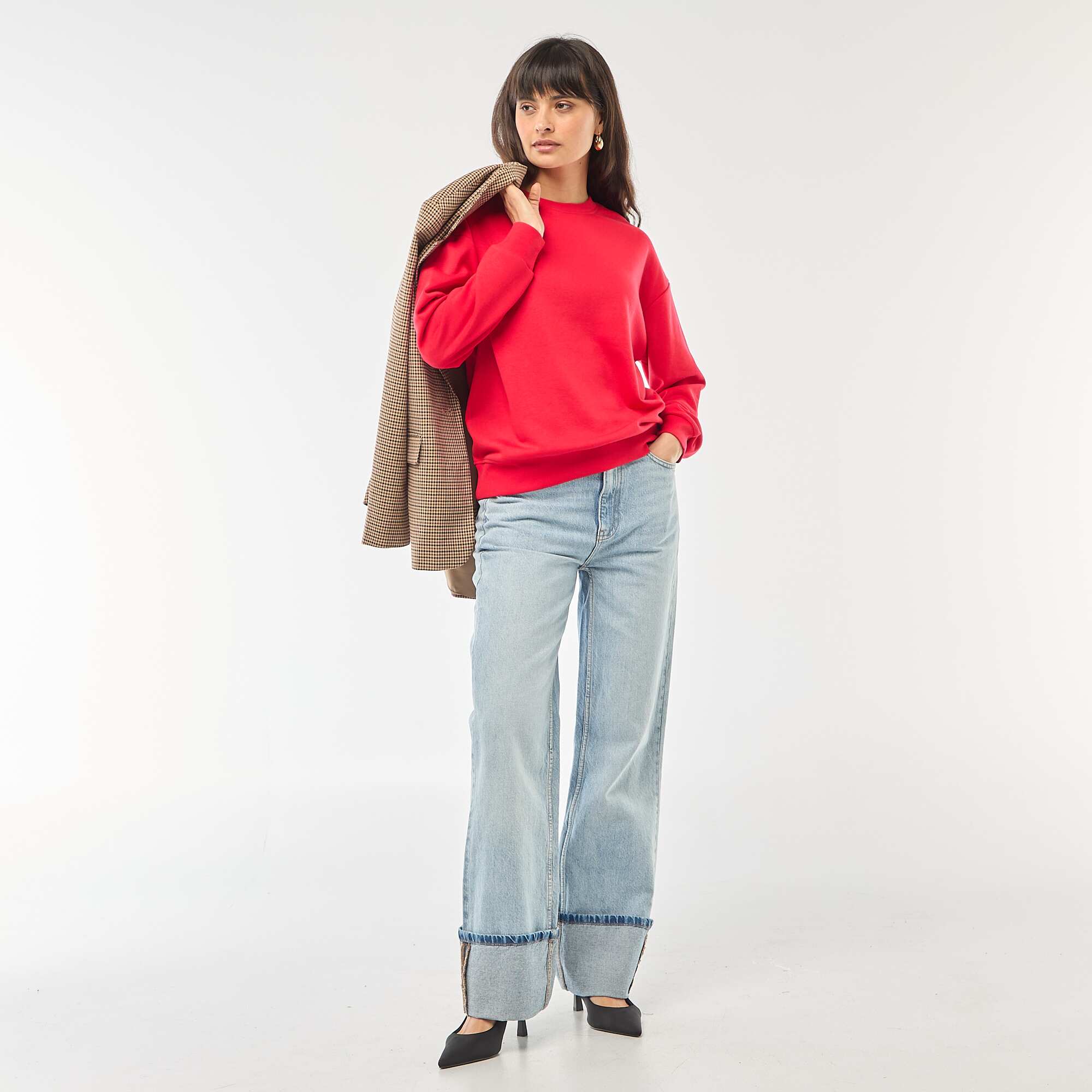 Solid French Terry Crew Neck Sweatshirt RED - Image 2