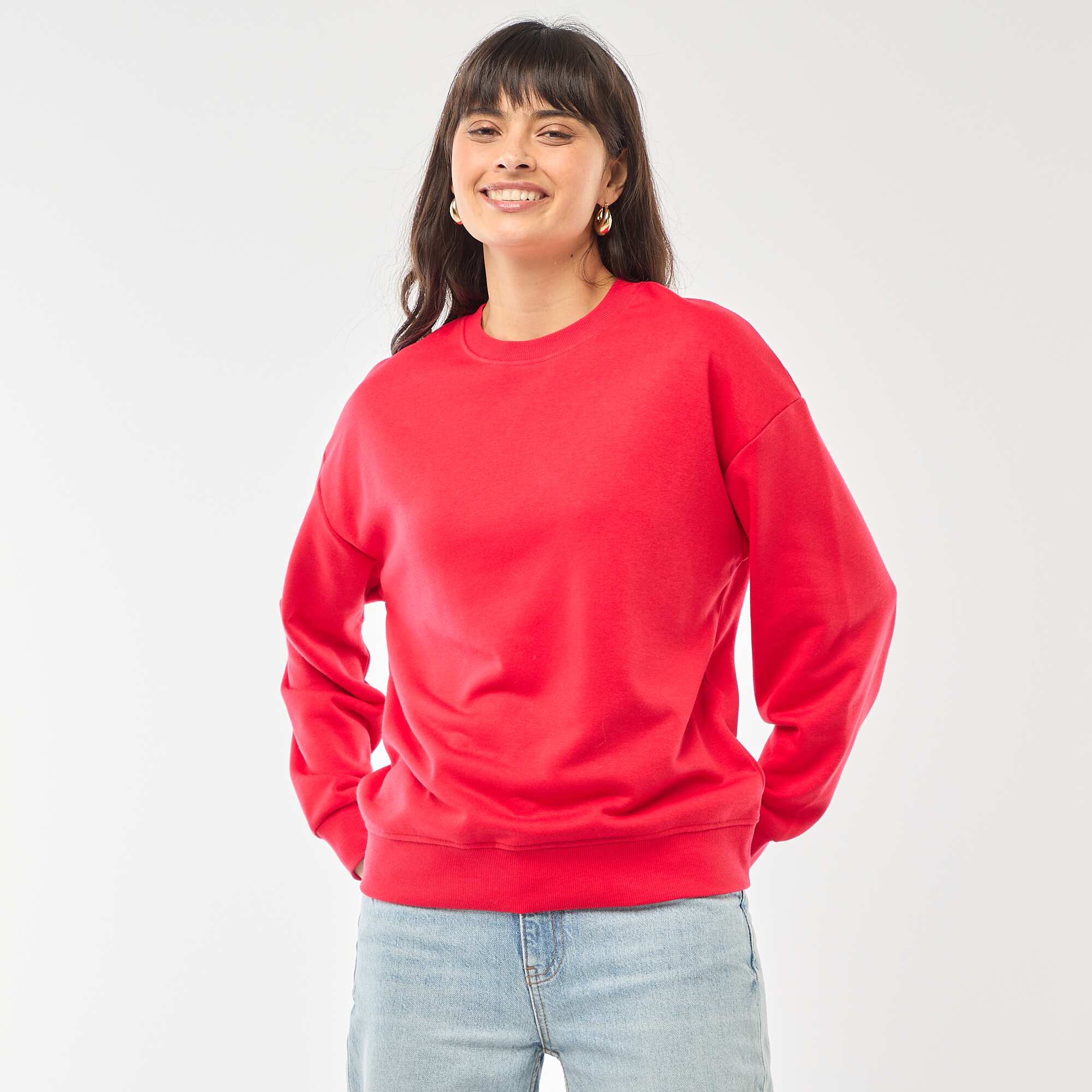 Solid French Terry Crew Neck Sweatshirt RED - Image 3