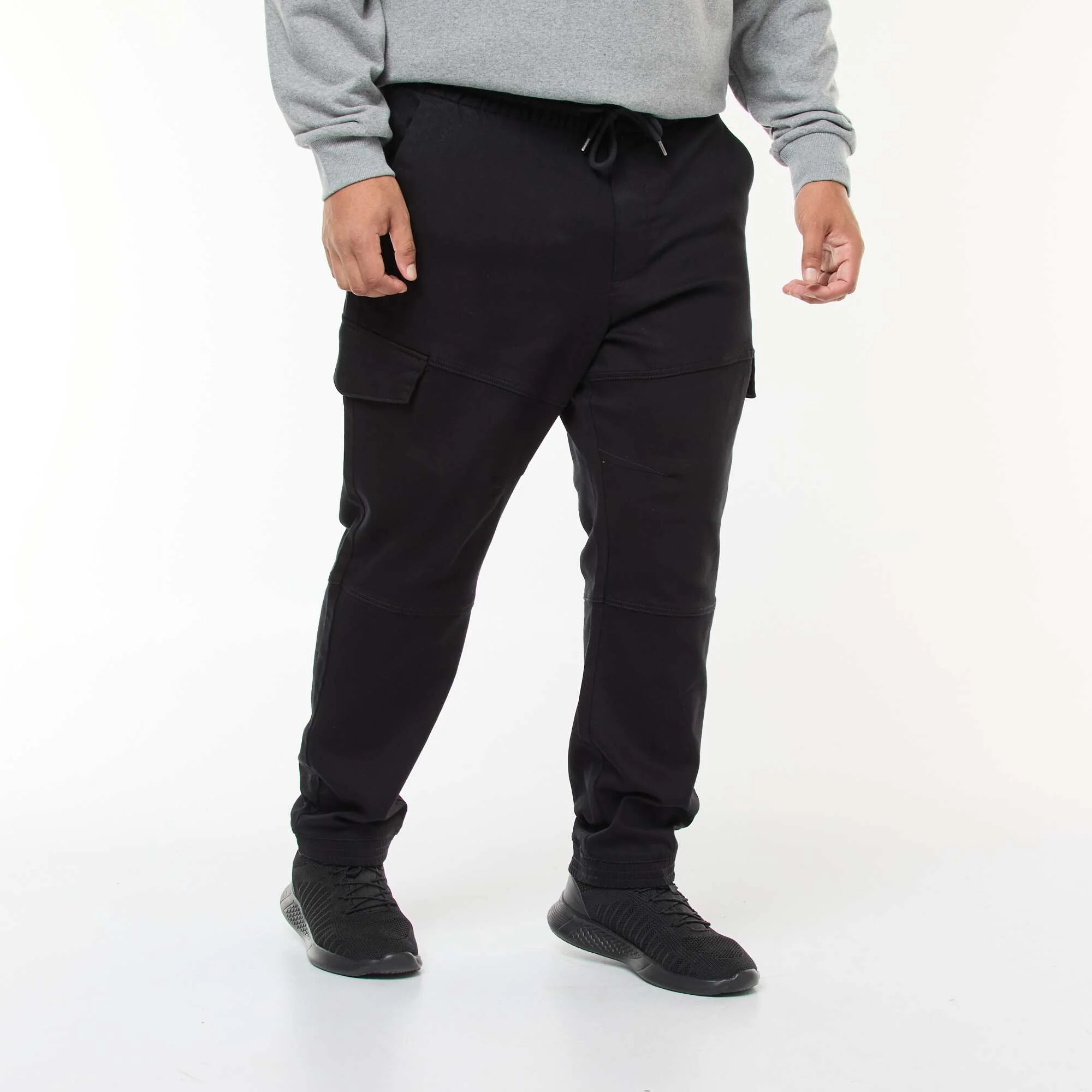 Solid Multi-Pocket Trousers with Elasticated Waistband BLACK - Image 2