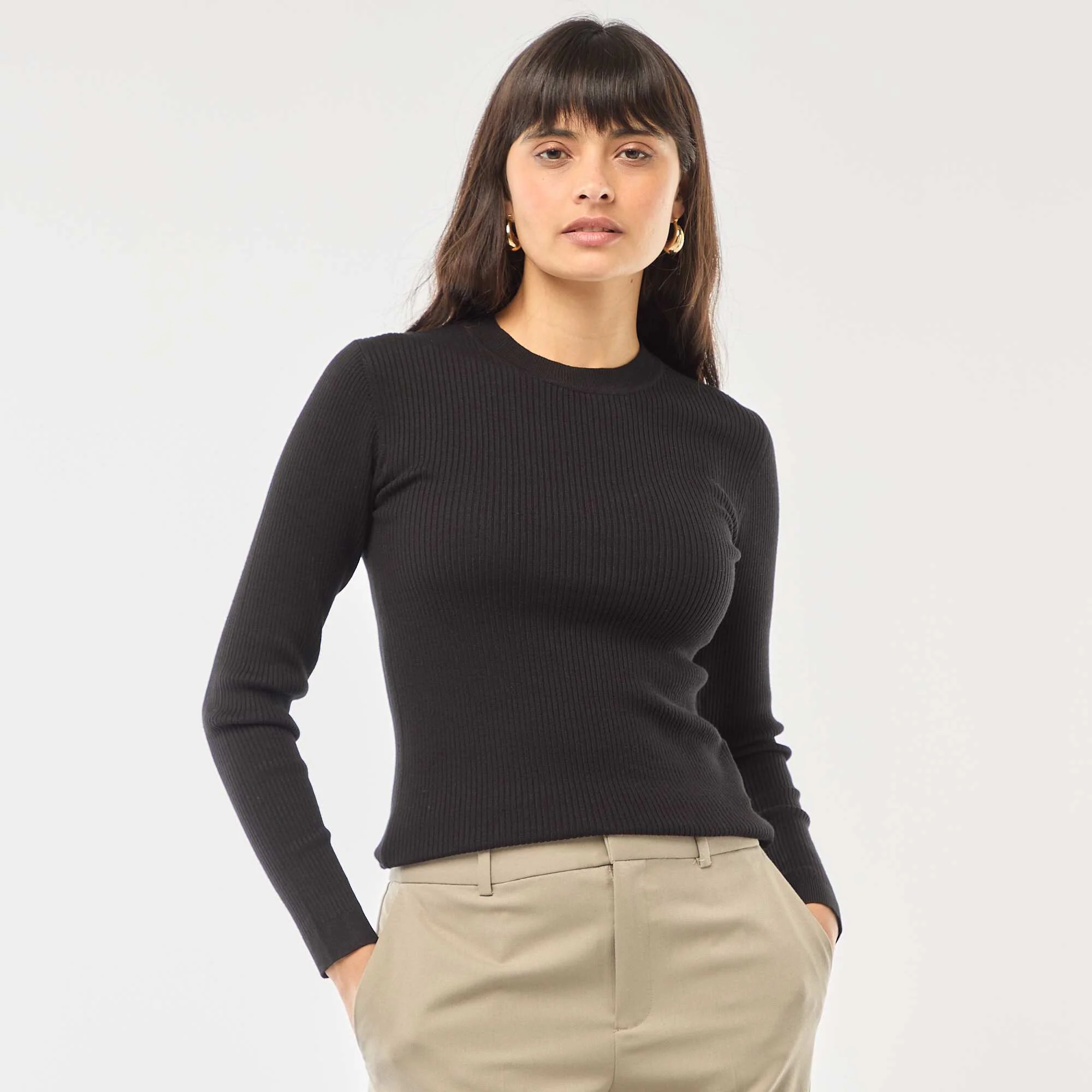 Solid Ribbed Crew Neck Sweater BLACK