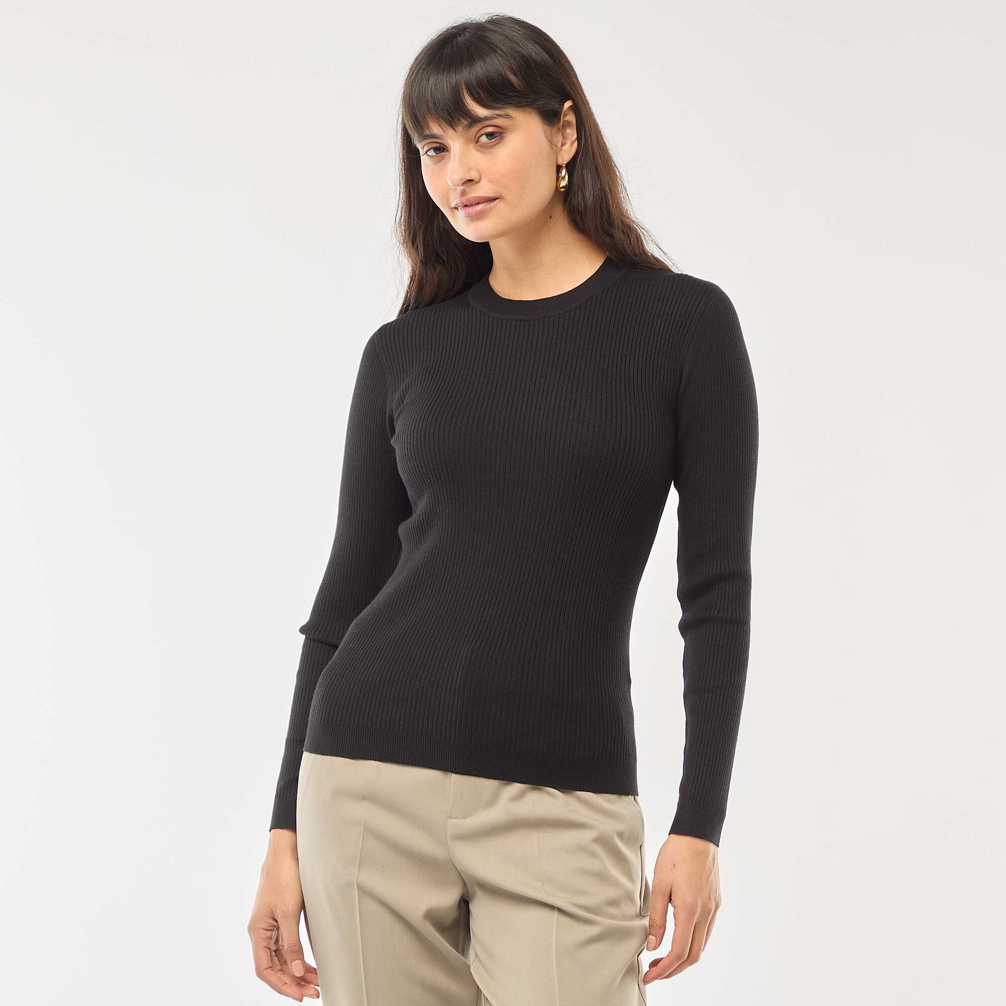 Solid Ribbed Crew Neck Sweater BLACK - Image 3