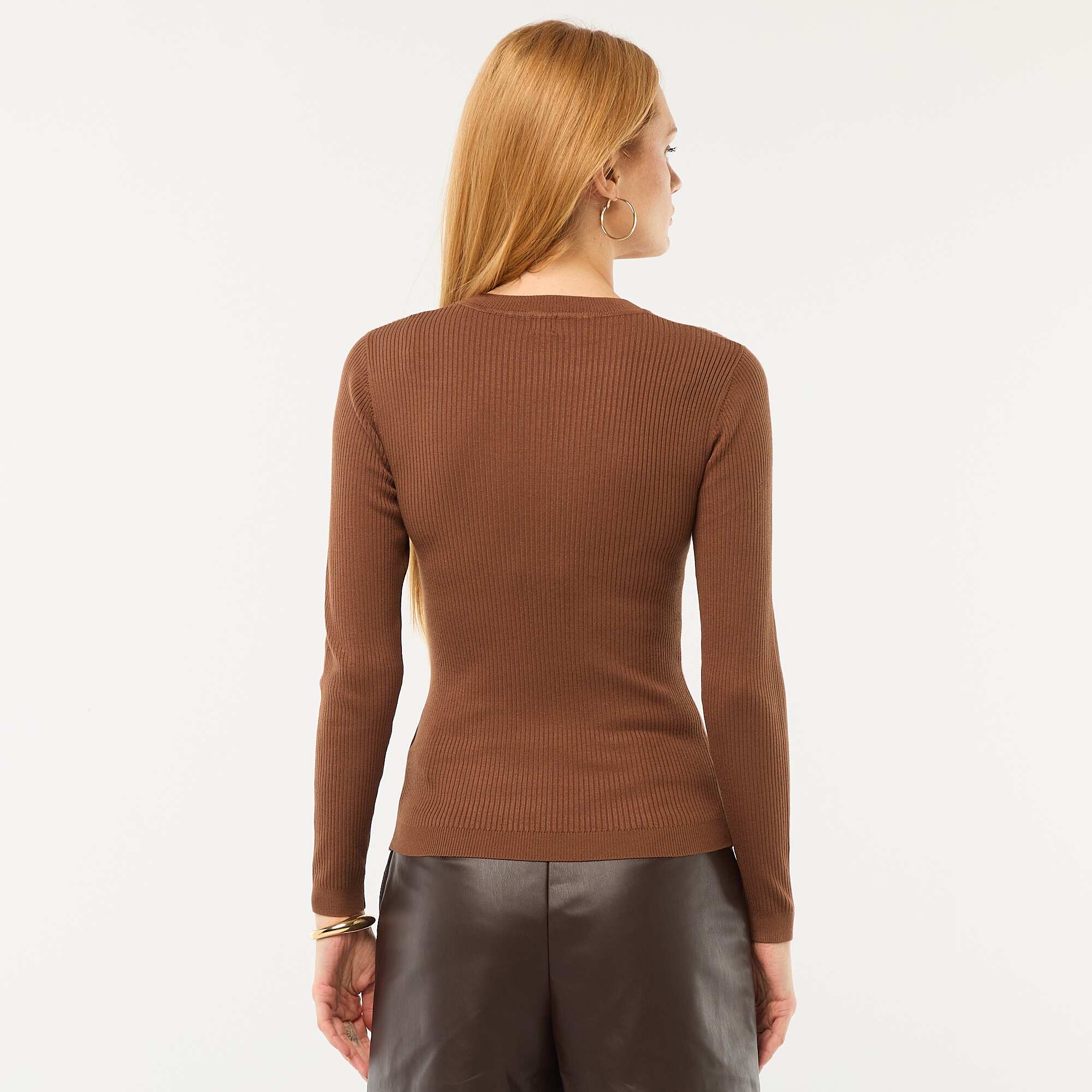Solid Ribbed Crew Neck Sweater BROWN - Image 3
