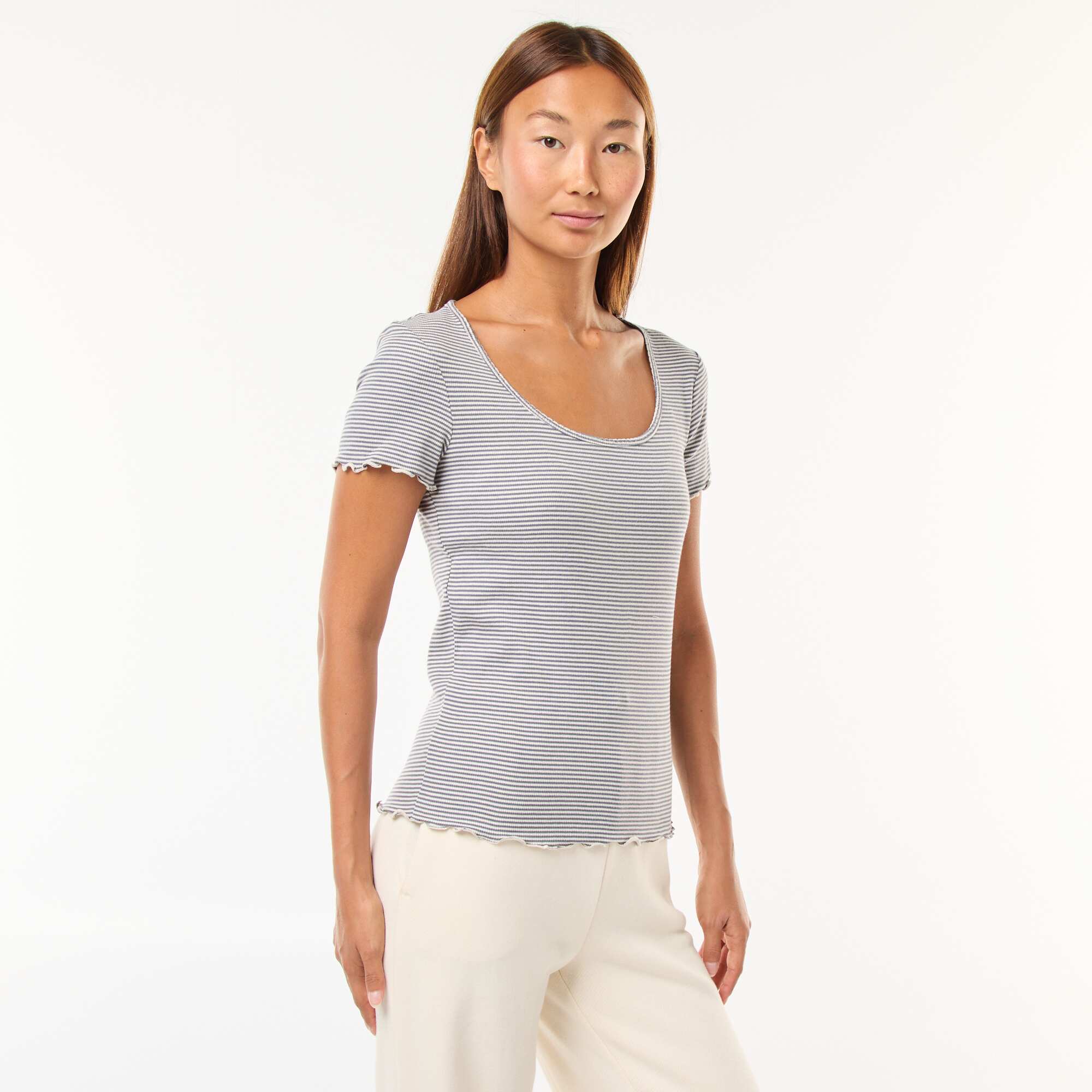 Solid Ribbed Knit Short-Sleeve T-Shirt BLUE