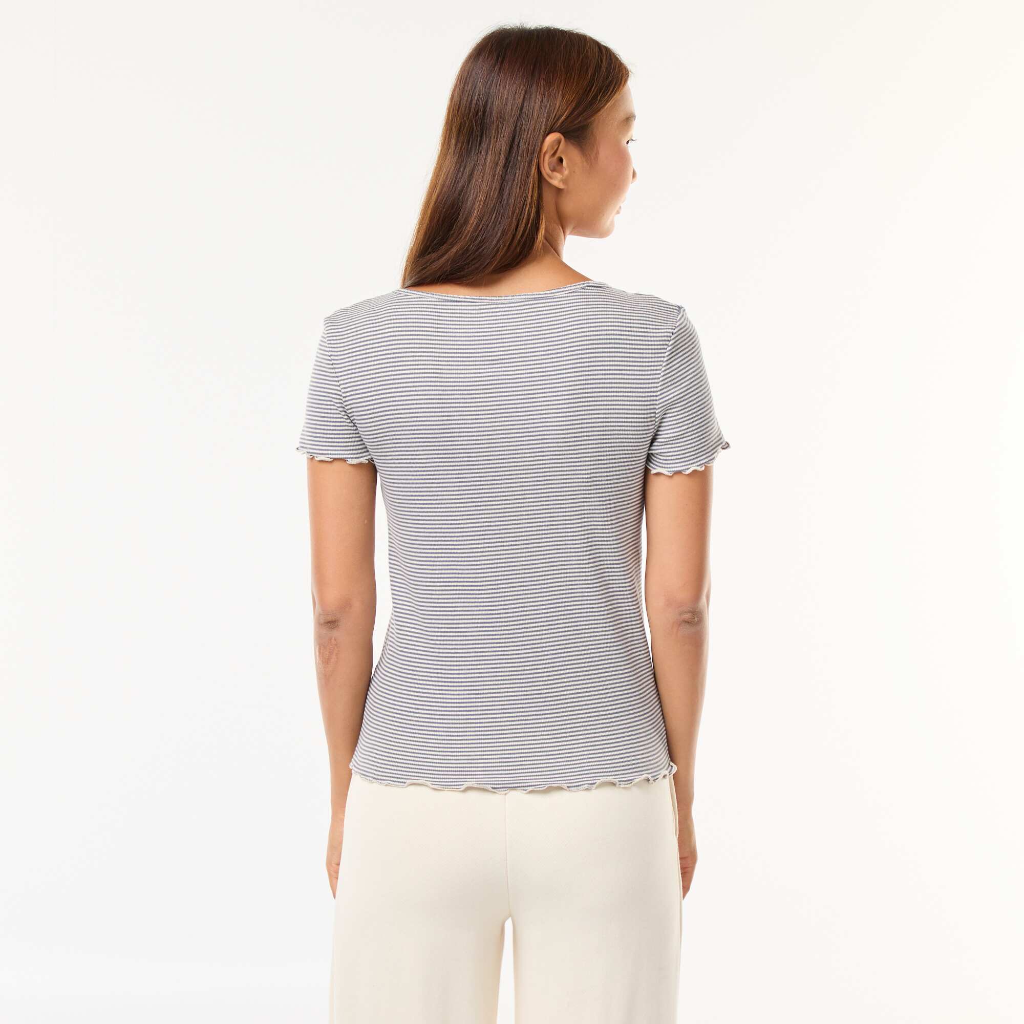 Solid Ribbed Knit Short-Sleeve T-Shirt BLUE - Image 3