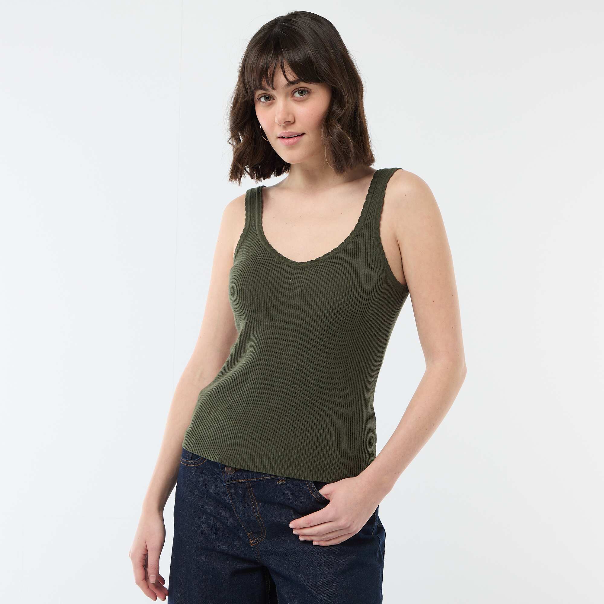 Solid Ribbed Tank Top GREEN - Image 3