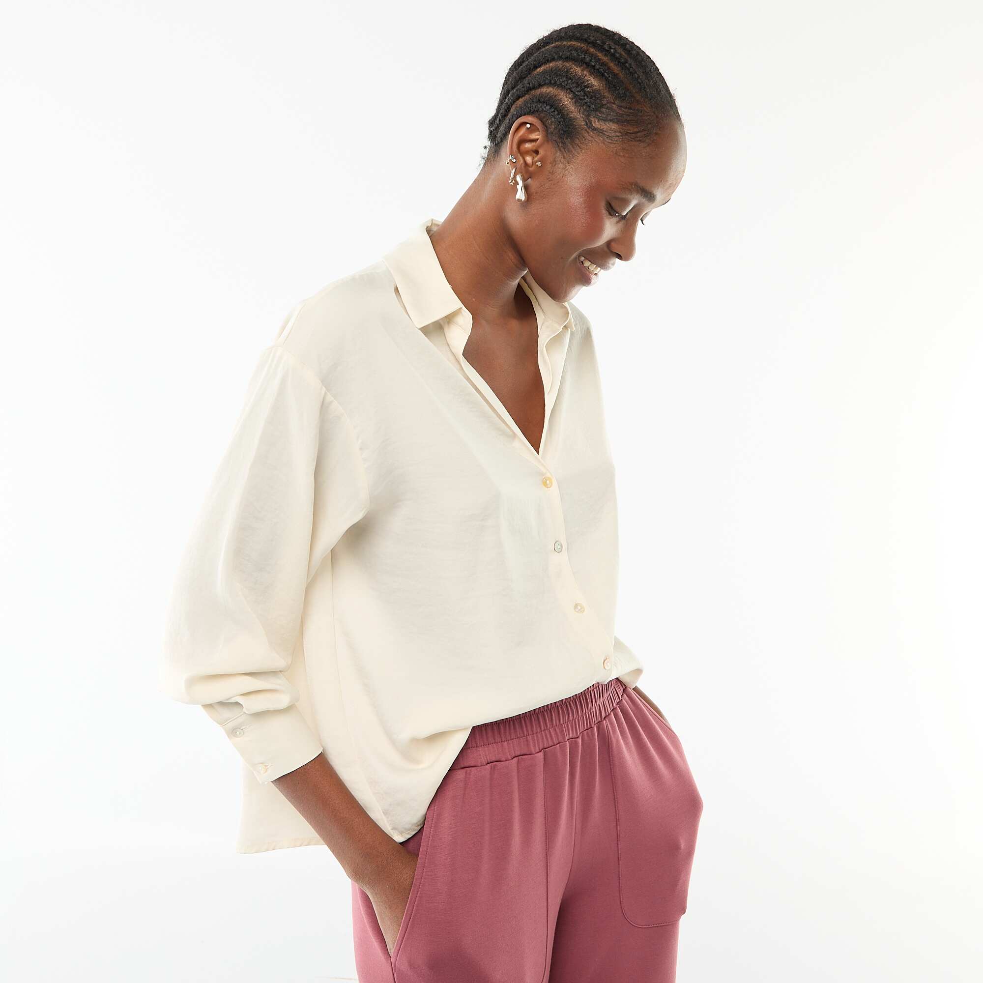 Solid Satin Long-Sleeve Blouse BEIGE